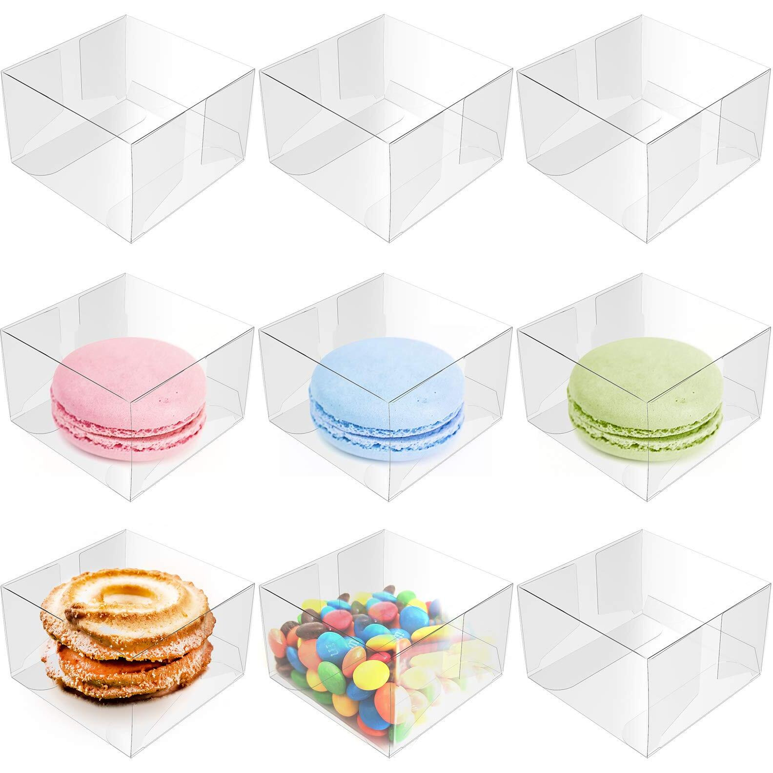 Nicunom 100 Pack Clear Macaron Boxes, Plastic Favor Boxes, 2.17" X 2.17" X 1.38" Bakery Boxes Candy Containers For Chocolate Cake Desserts Cupcakes Cookies Muffins Party Favors Packaging