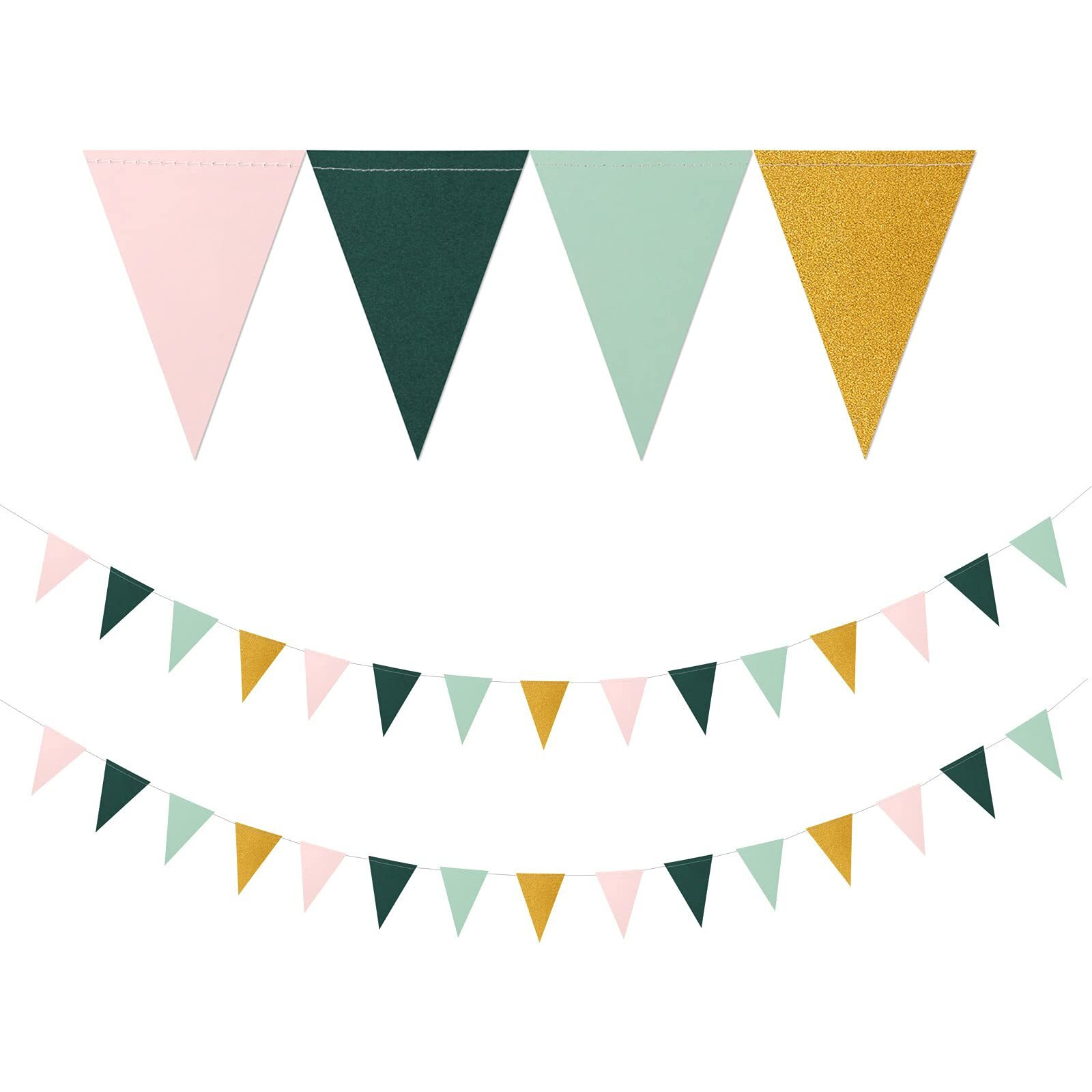 Sage Green Pink Gold Pennant Banner,2 Pack Paper Triangle Flags,Baby Bridal Shower Safari Birthday Tropical Jungle Party Decorations Wedding Bachelorette Engagement Bunting Lasting Surprise