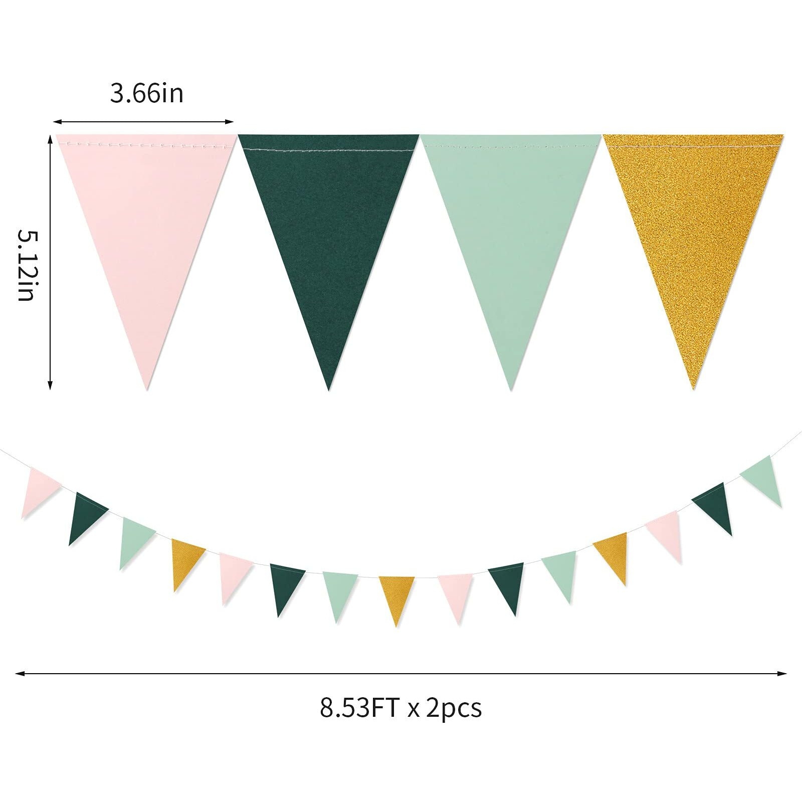 Sage Green Pink Gold Pennant Banner,2 Pack Paper Triangle Flags,Baby Bridal Shower Safari Birthday Tropical Jungle Party Decorations Wedding Bachelorette Engagement Bunting Lasting Surprise