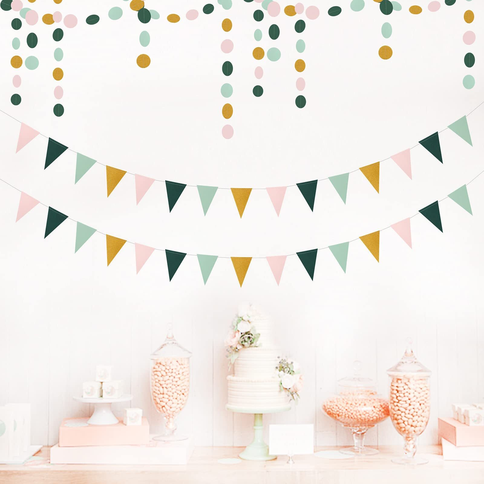 Sage Green Pink Gold Pennant Banner,2 Pack Paper Triangle Flags,Baby Bridal Shower Safari Birthday Tropical Jungle Party Decorations Wedding Bachelorette Engagement Bunting Lasting Surprise