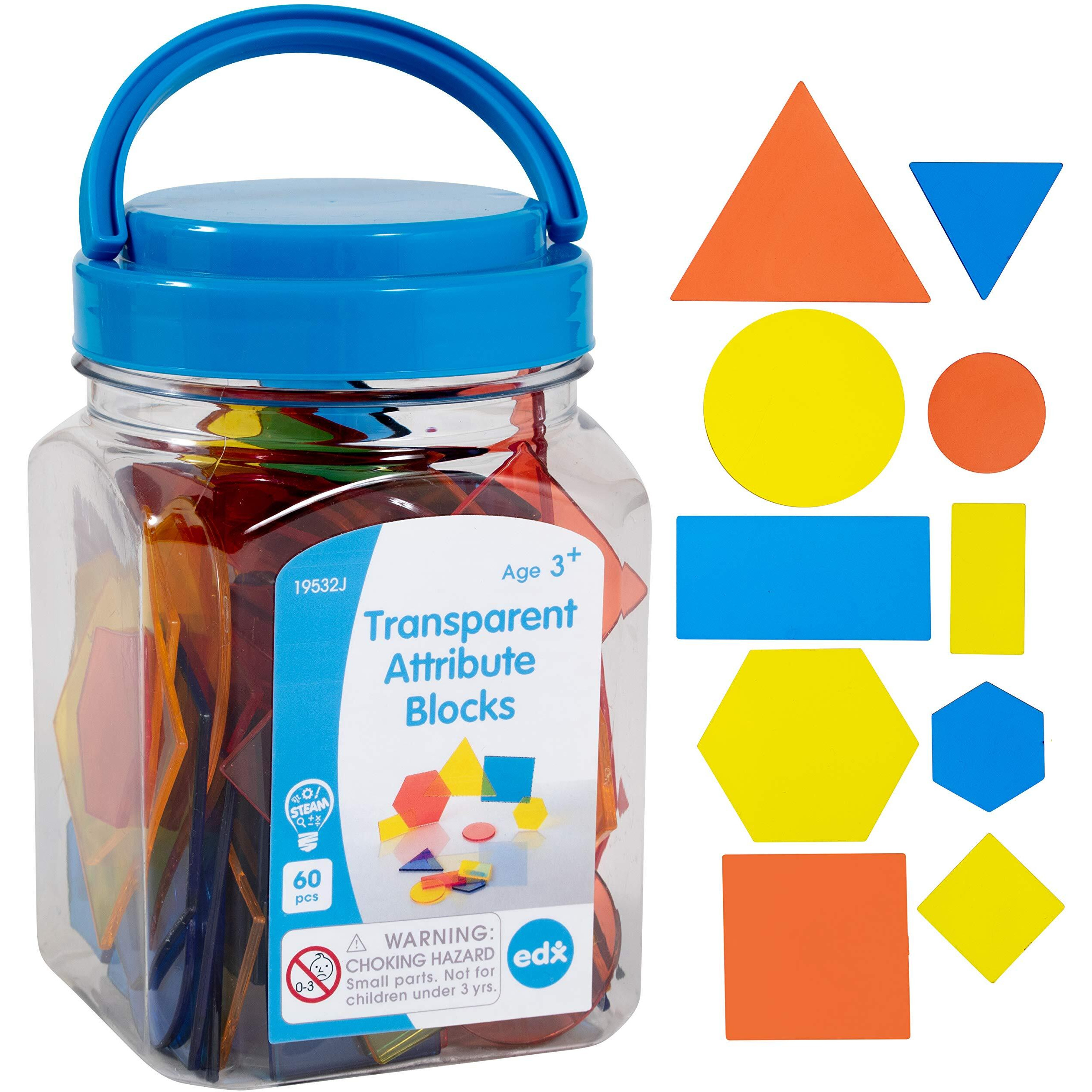 Edxeducation Transparent Attribute Blocks - Mini Jar Set Of 60 - Colorful, Plastic Shapes - Light Box Accessory - Sensory Play - Math Manipulative For Kids