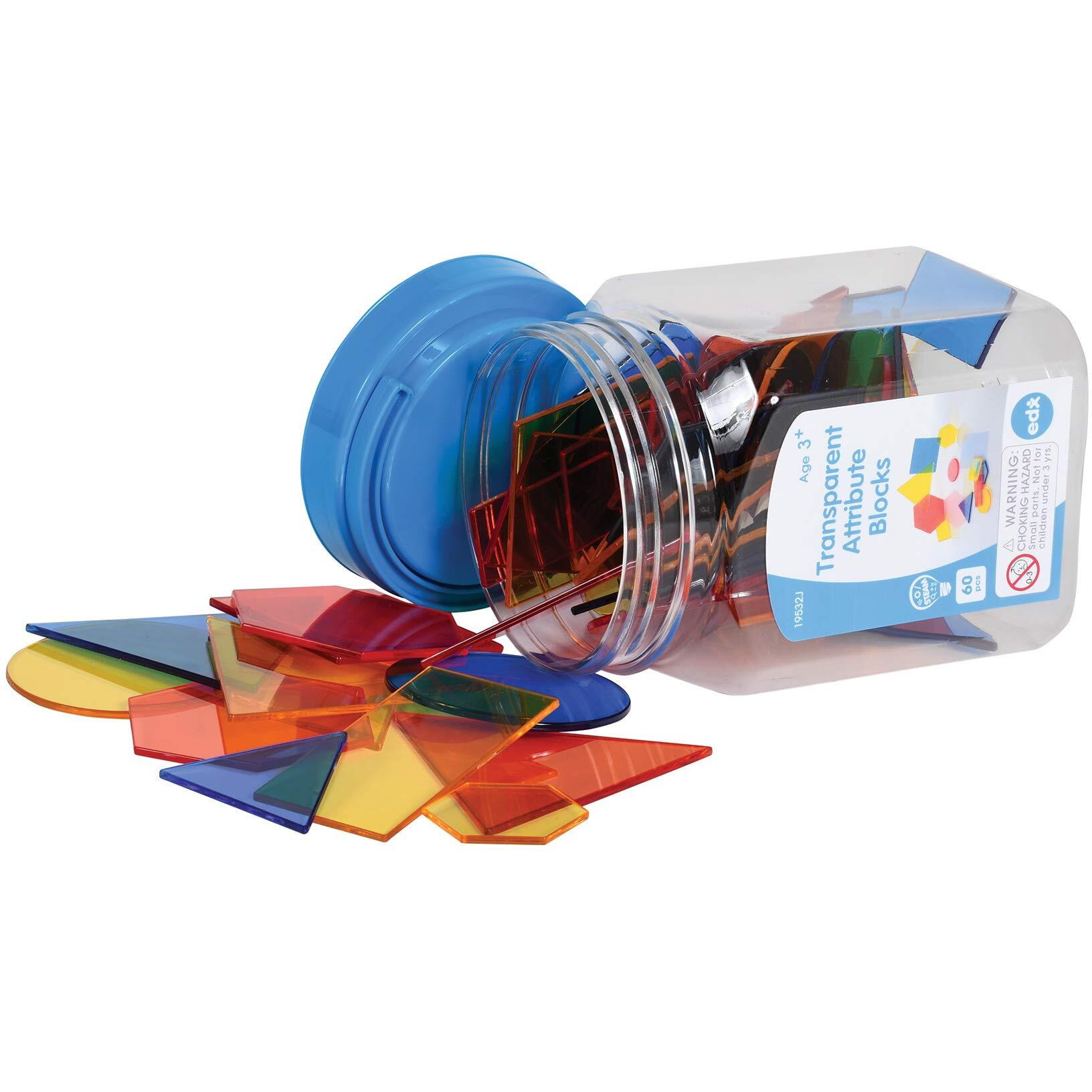 Edxeducation Transparent Attribute Blocks - Mini Jar Set Of 60 - Colorful, Plastic Shapes - Light Box Accessory - Sensory Play - Math Manipulative For Kids