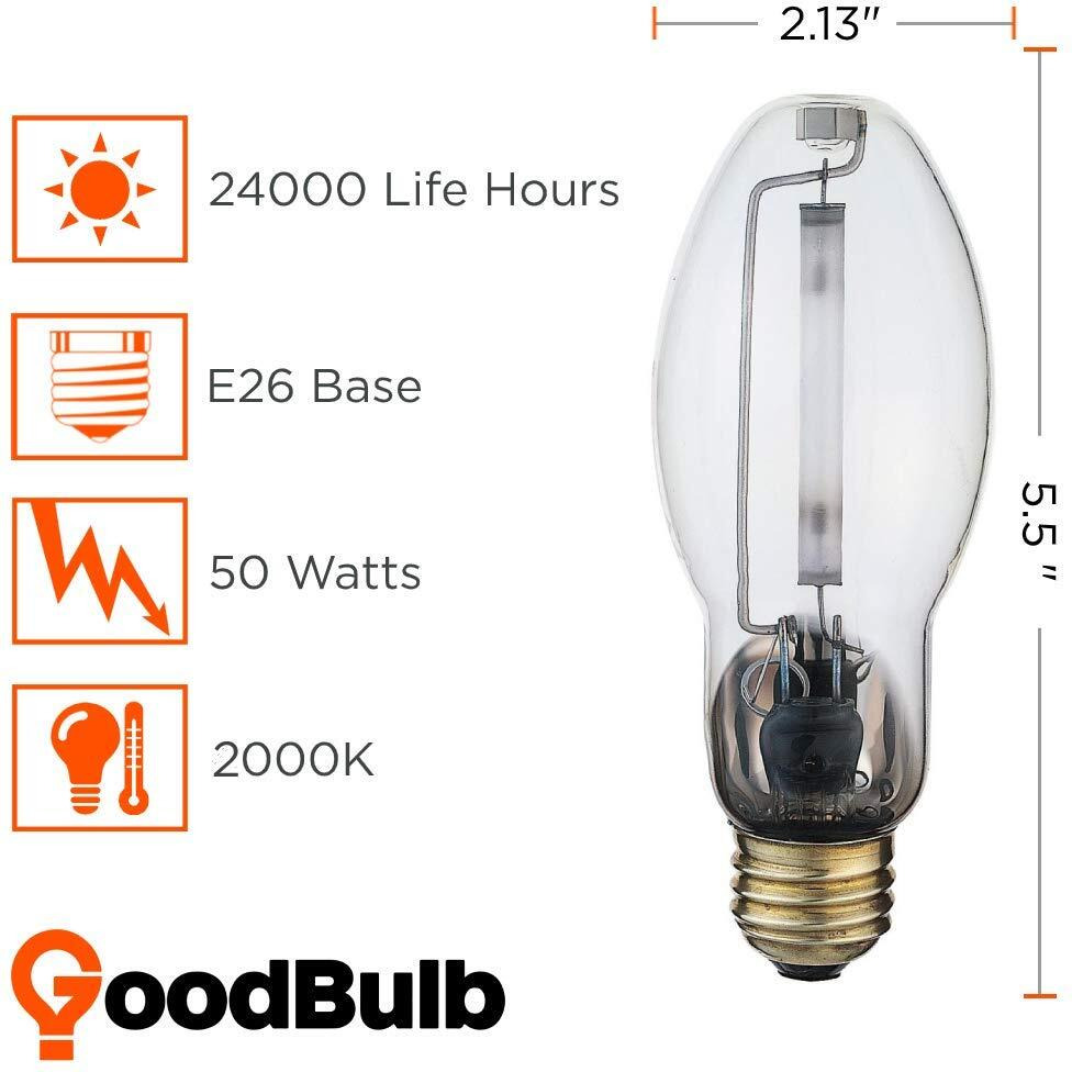 Goodbulb 50-Watt High Pressure Sodium Hid Light Bulb | E26 Medium Base Ed17 Ansi Code S68 | High Output Hid Light | 2000K Warm White | Clear Finish | 24000 Life Hours (Pack Of 2)