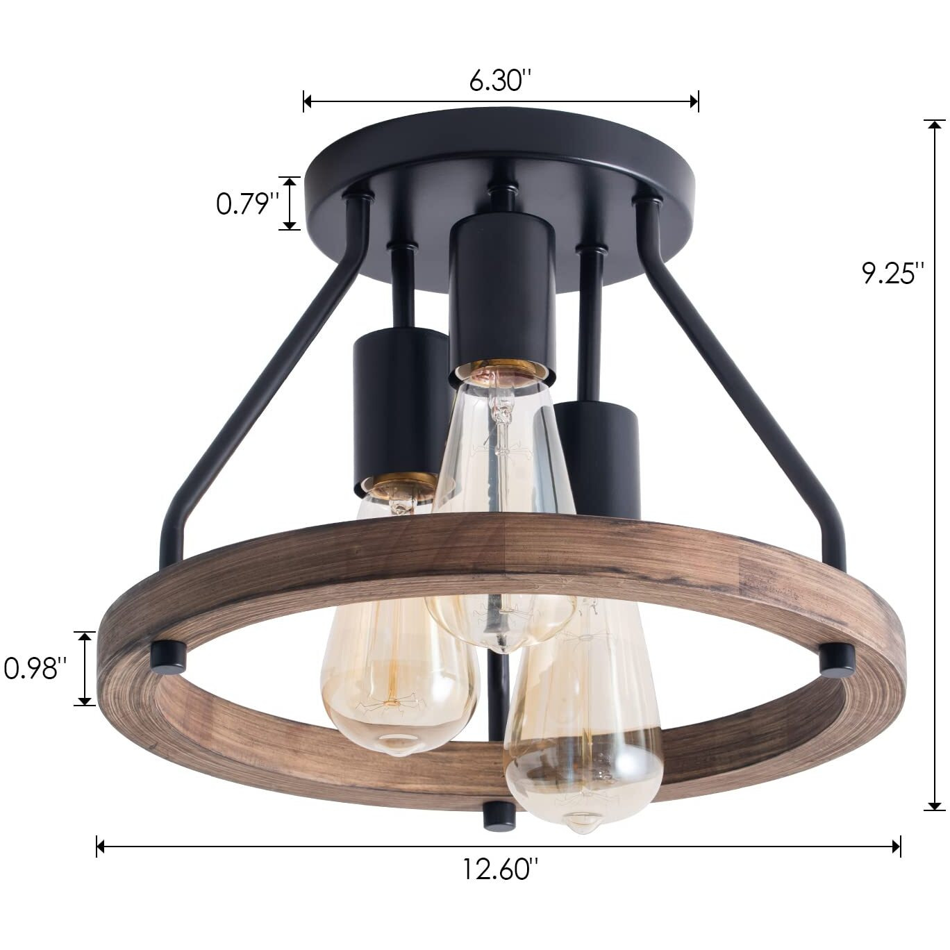 Viluxy Industrial Flush Mount Ceiling Light Fixture With Retro Wood Circle Shade For Hallway, Entryway, Bedroom, Balcony Passway 3-Light