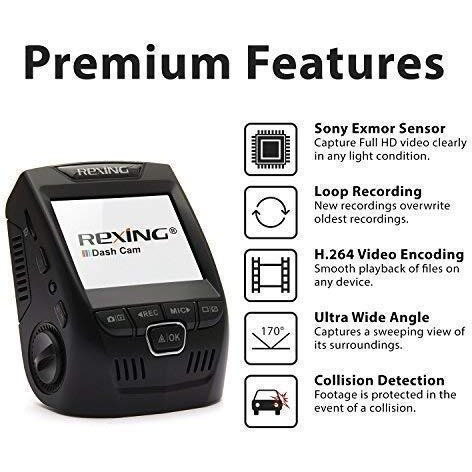 Rexing V1 Basic Dash Cam 1080P Fhd Dvr Car Driving Recorder, 2.4" Lcd Screen 170Wide Angle, G-Sensor, Wdr, Parking Monitor, Loop Recording