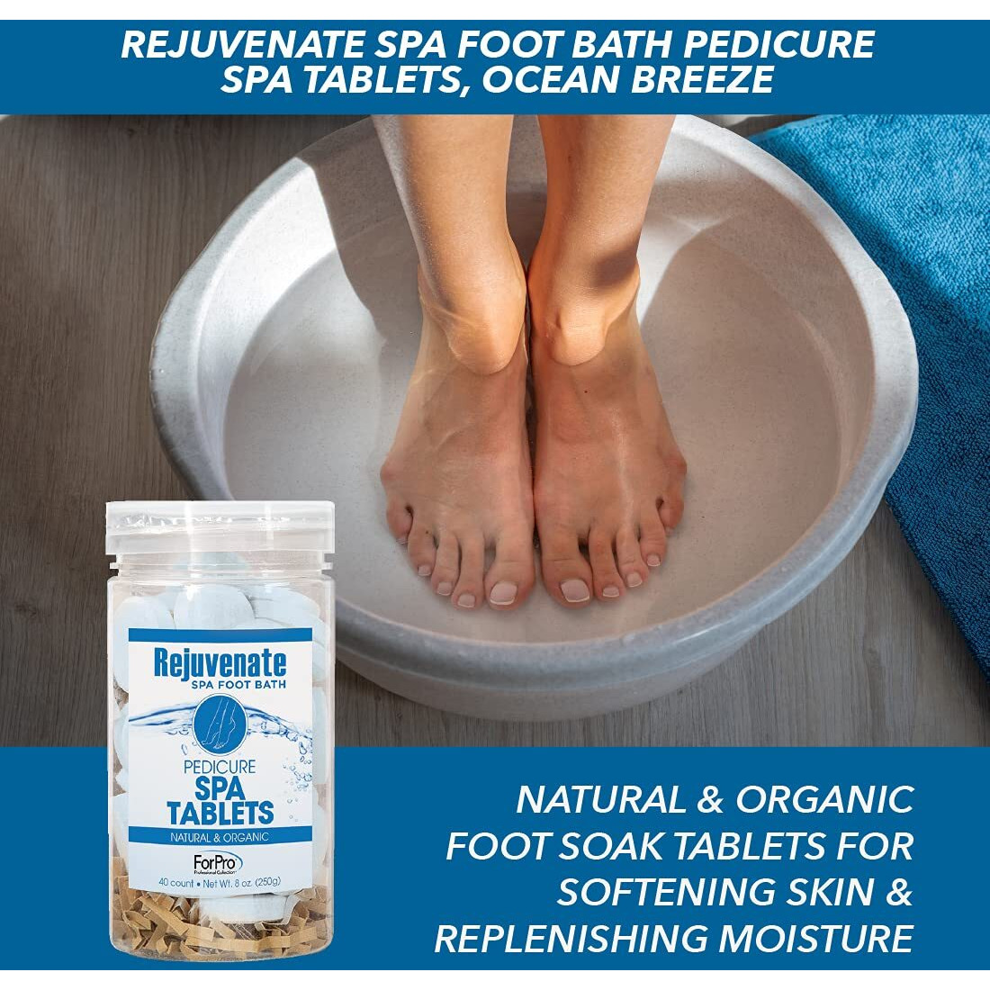 Rejuvenate Spa Foot Bath Pedicure Spa Tablets, Organic Foot Soak Tablets For Softening Skin & Replenishing Moisture, Ocean Breeze, 40-Count