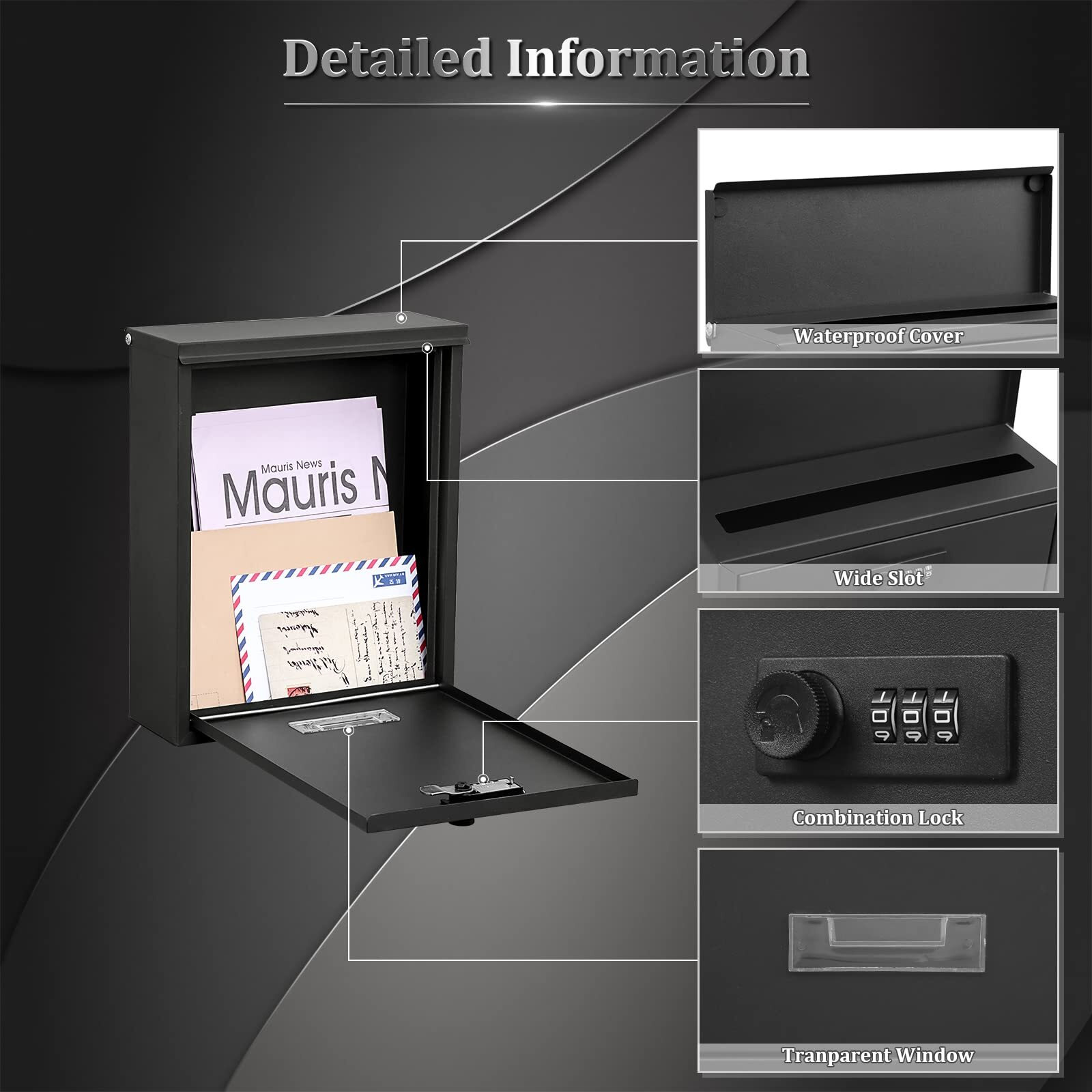 Dalmbox Locking Mailbox Wall Mount, Wall Mounted Mailbox With Combination Lock, Large Drop Box With Galvanized Steel Cover, Rust-Proof Metal Post Box, Black, 10.2 X 3.7 X 12.6