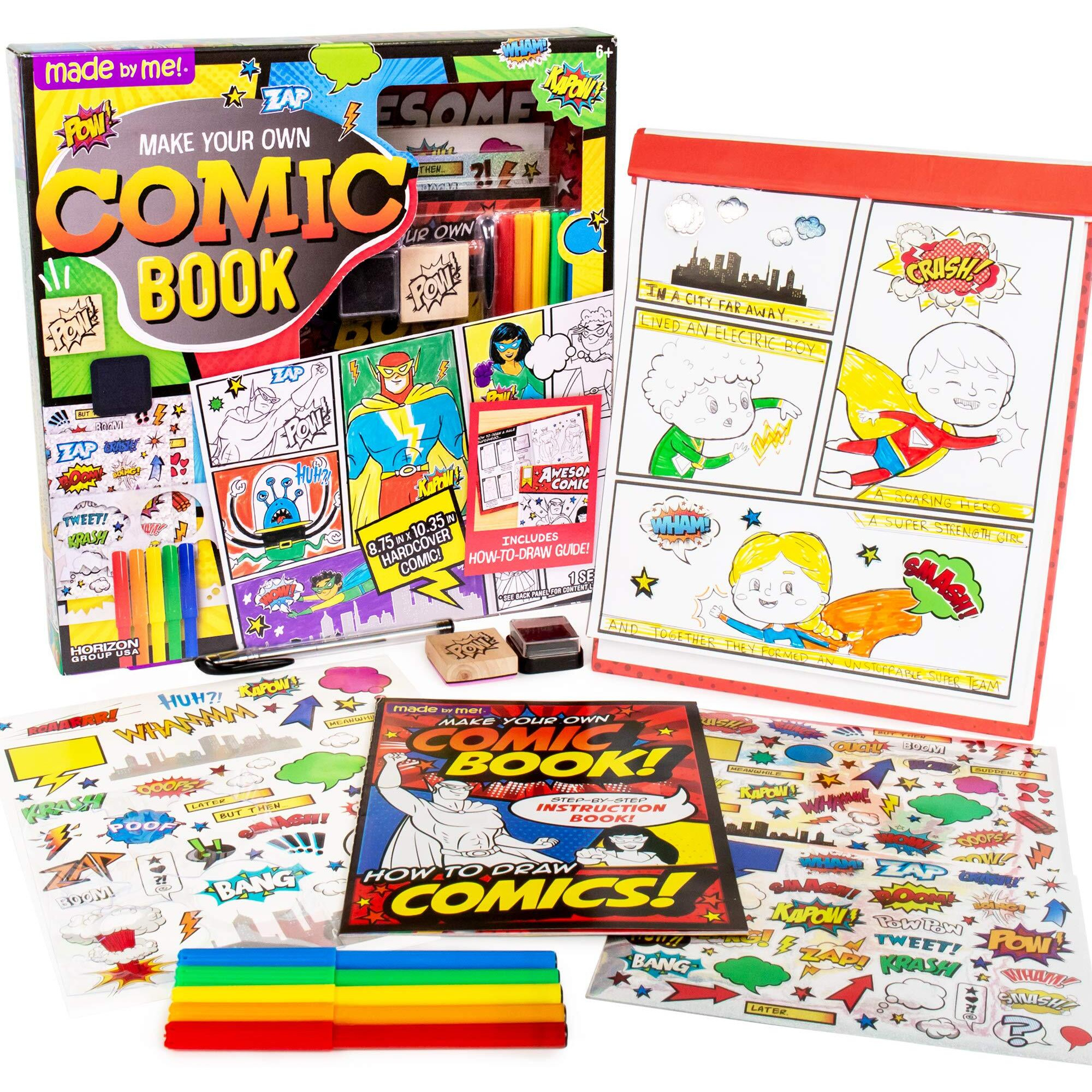 Made By Me Make Your Own Comic Book Storytelling Kit For Kids, 15-Page, Hardcover, How-To Draw Instructional Guide, Comic Inspired Stickers & Stamp, Holographic Stickers, 5 Vibrant Markers