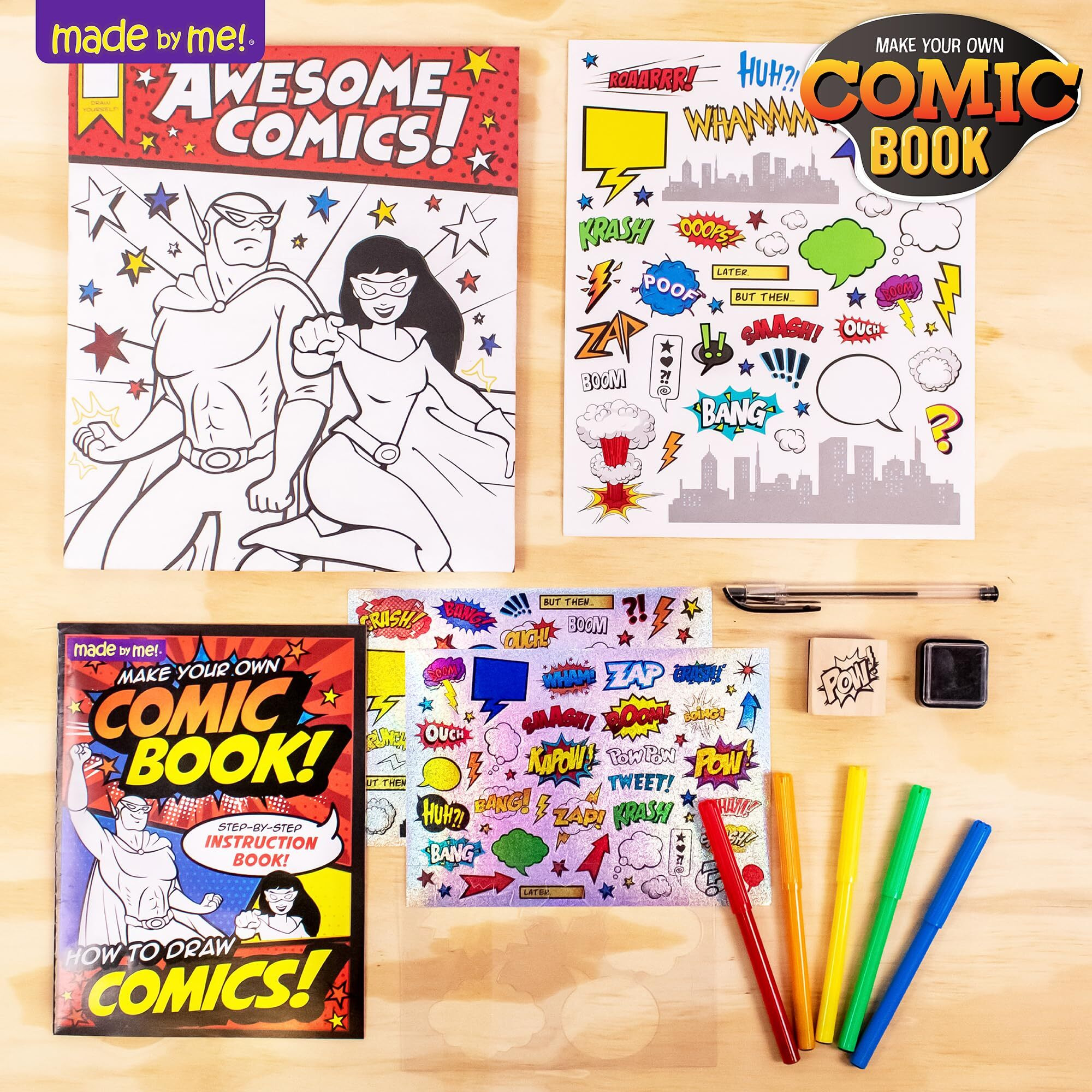 Made By Me Make Your Own Comic Book Storytelling Kit For Kids, 15-Page, Hardcover, How-To Draw Instructional Guide, Comic Inspired Stickers & Stamp, Holographic Stickers, 5 Vibrant Markers