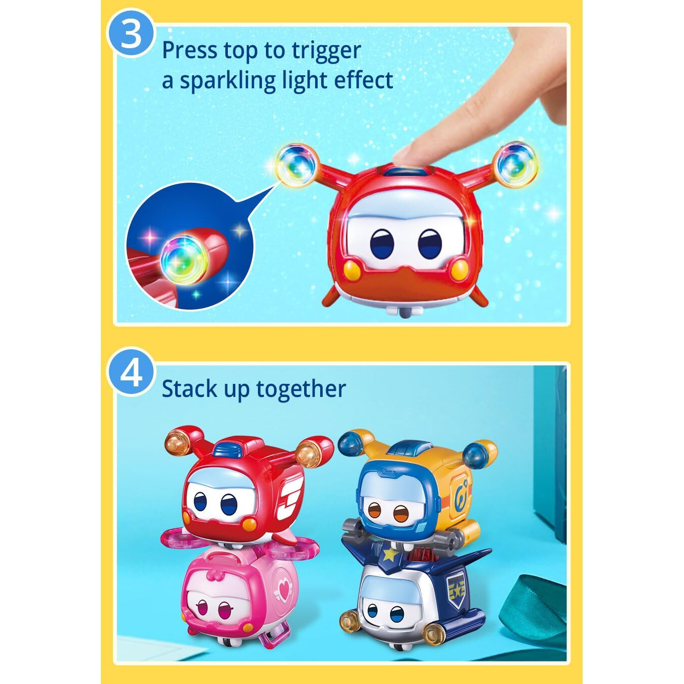 Super Wings Super Pets 4-Pack Collection Super Pets Jett, Donnie, Paul, Dizzy, Vehicle Action Figure, Superwings Transforming Plane To Robot, Gifts For Kids Aged 3 And Up, Light Effect