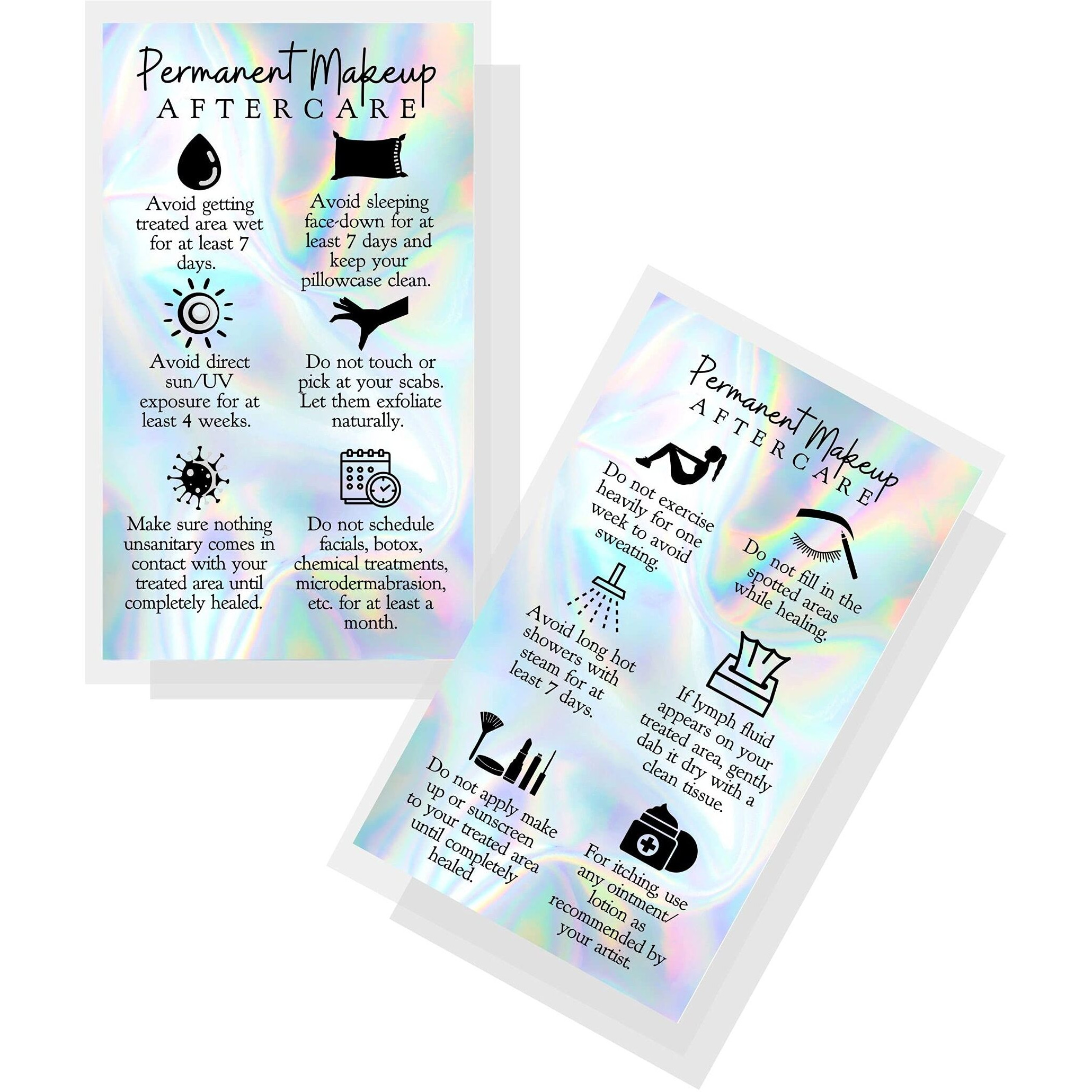 Boutique Marketing Llc Permanent Makeup Aftercare Instructions Card | 50 Pack | 2X3.5 Inches Business Card Size | Pmu Non-Reflective Matte Holographic Look Design, Rainbow, Blue, Black