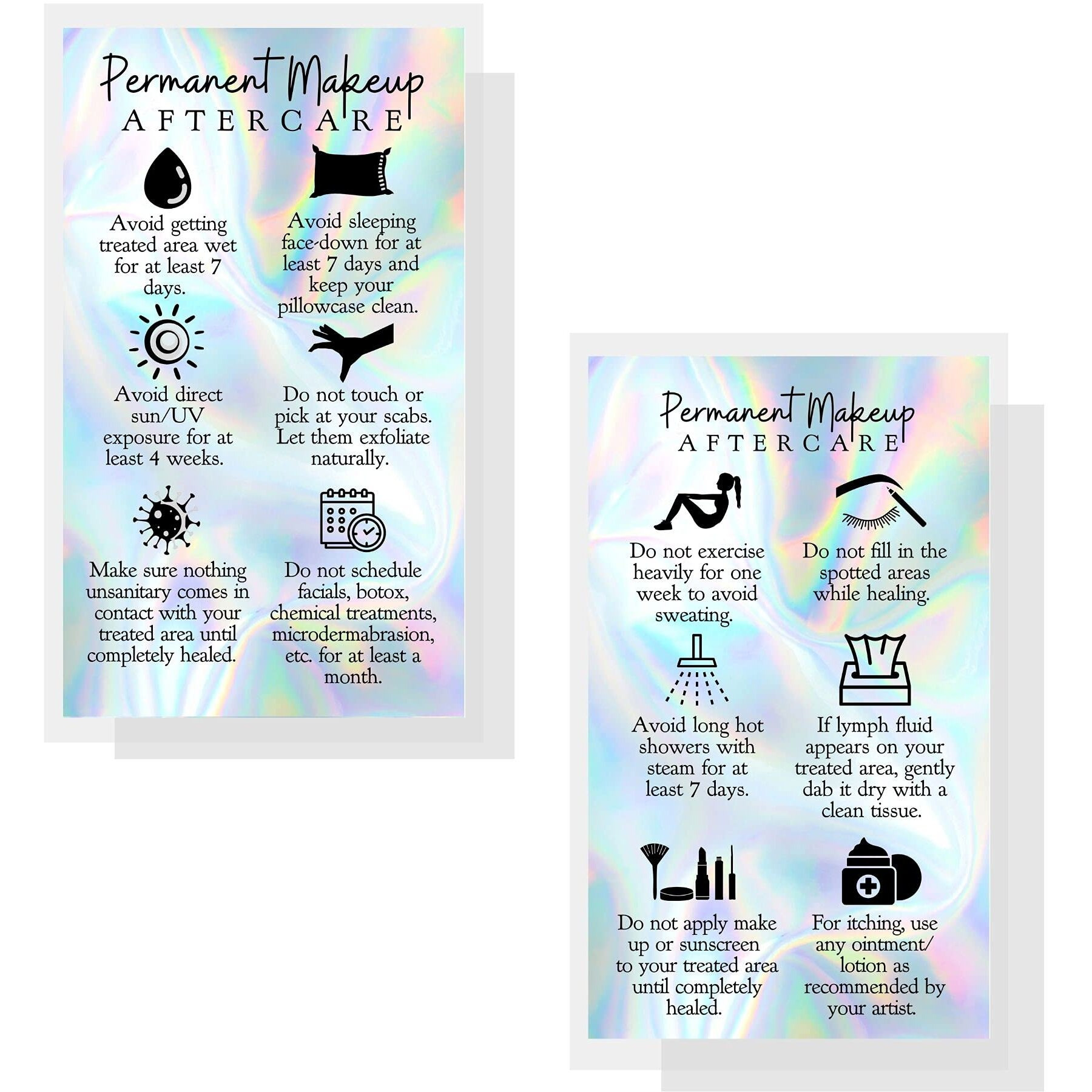 Boutique Marketing Llc Permanent Makeup Aftercare Instructions Card | 50 Pack | 2X3.5 Inches Business Card Size | Pmu Non-Reflective Matte Holographic Look Design, Rainbow, Blue, Black