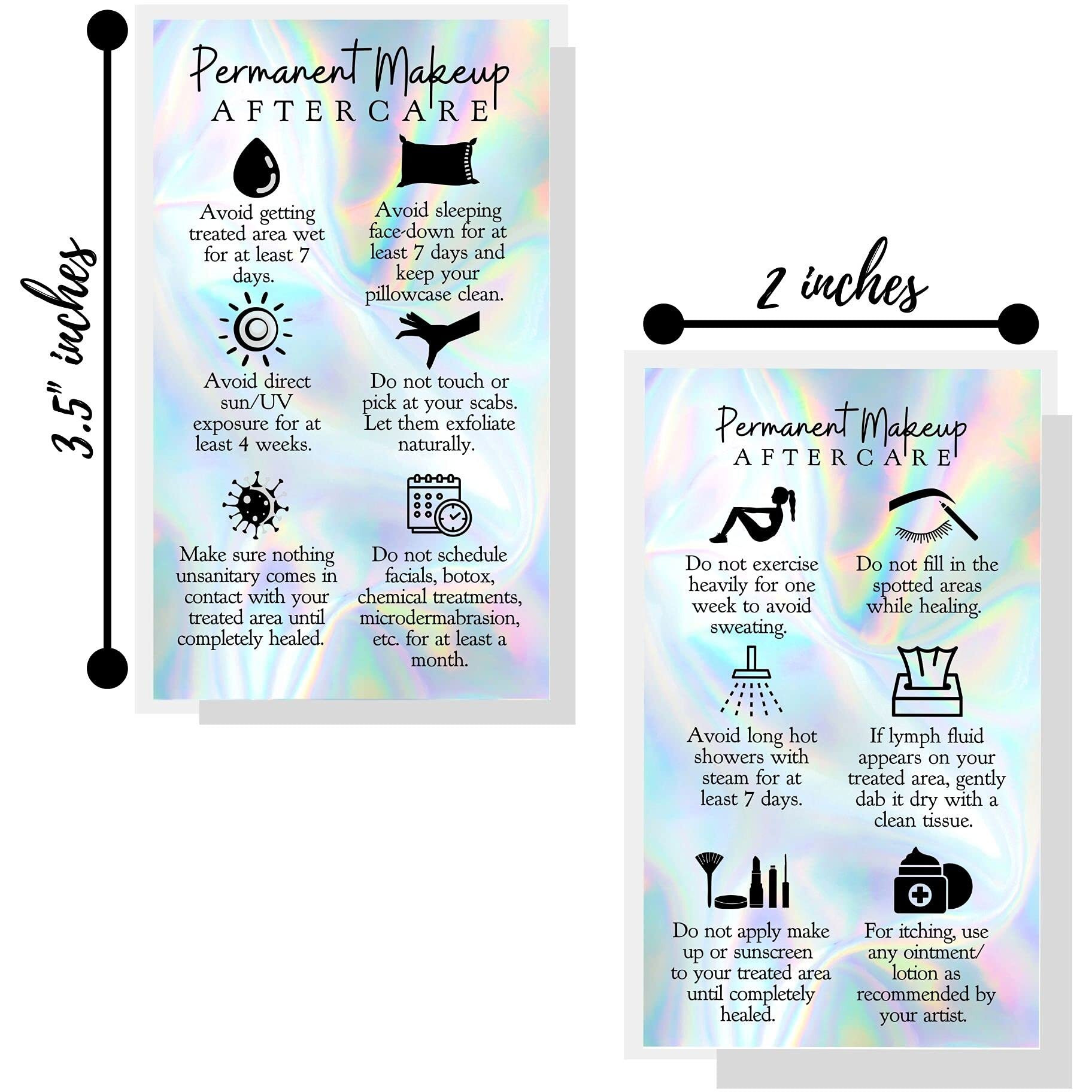 Boutique Marketing Llc Permanent Makeup Aftercare Instructions Card | 50 Pack | 2X3.5 Inches Business Card Size | Pmu Non-Reflective Matte Holographic Look Design, Rainbow, Blue, Black