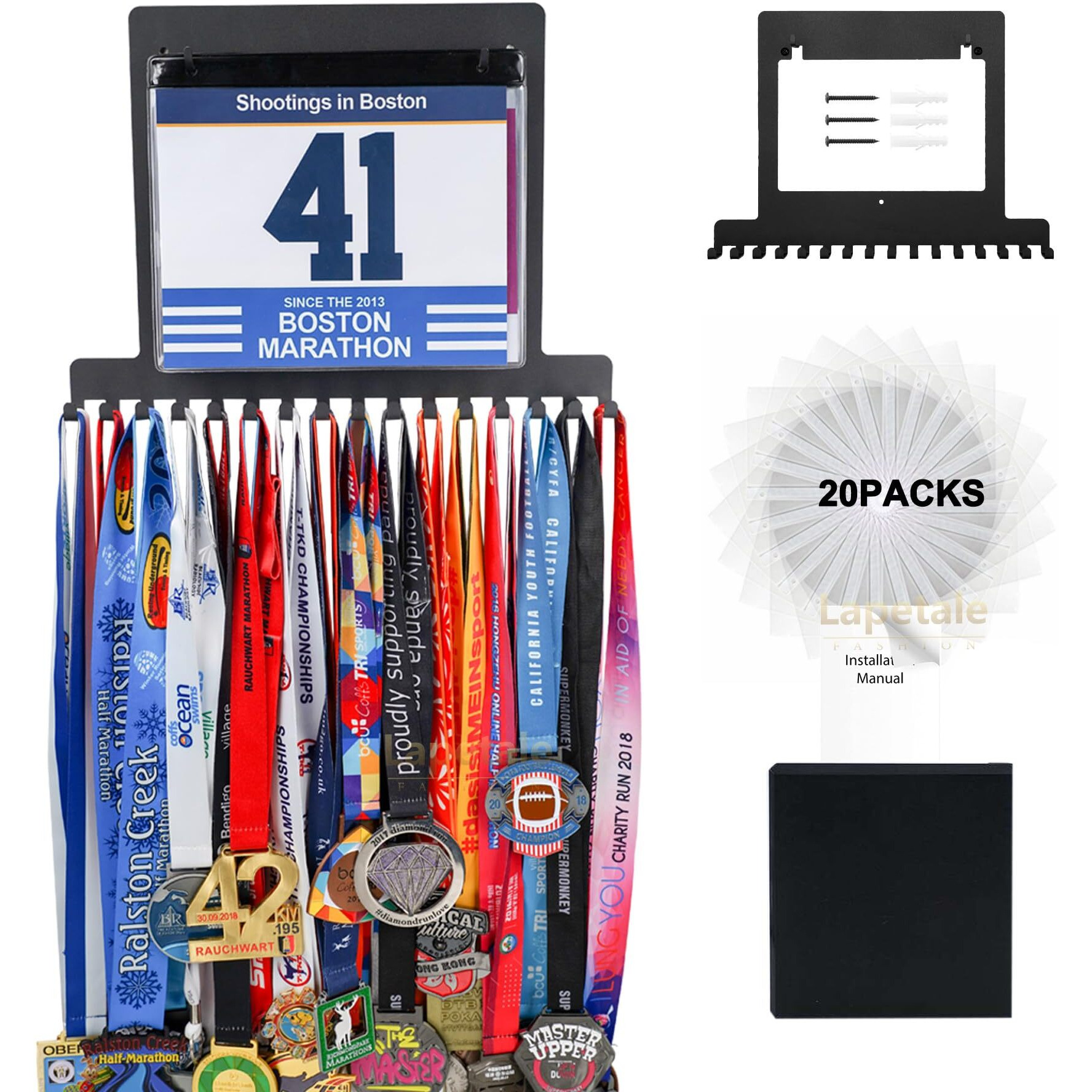 Lapetale Fashion Race Medal Holder Wall Hanger,Race Medal Hanger Display For Runners With Bib Vinyls Hooks,Marathon Race Medal Holder Display Wall Hanger,Medal Holder Displayeasy To Use
