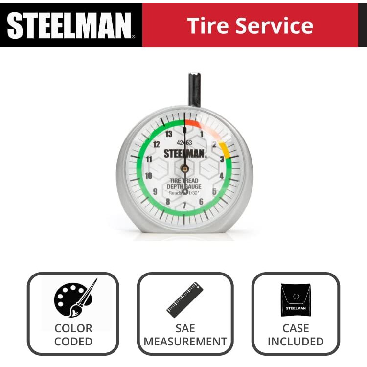 Steelman Dial-Type Color-Coded Tread Depth Gauge, Identifies Tire Wear, Durable Powder-Coated Zinc Alloy Casing For Professional Or Home Auto Mechanics