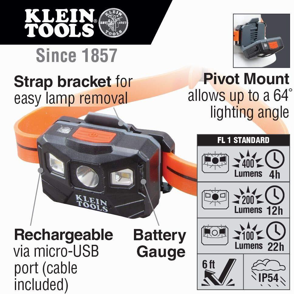 Klein Tools 56064 Rechargeable Auto-Off Led Headlamp, Silicone Strap, 400 Lms, All-Day Runtime, For Work, Running, Outdoor Hiking, Camping
