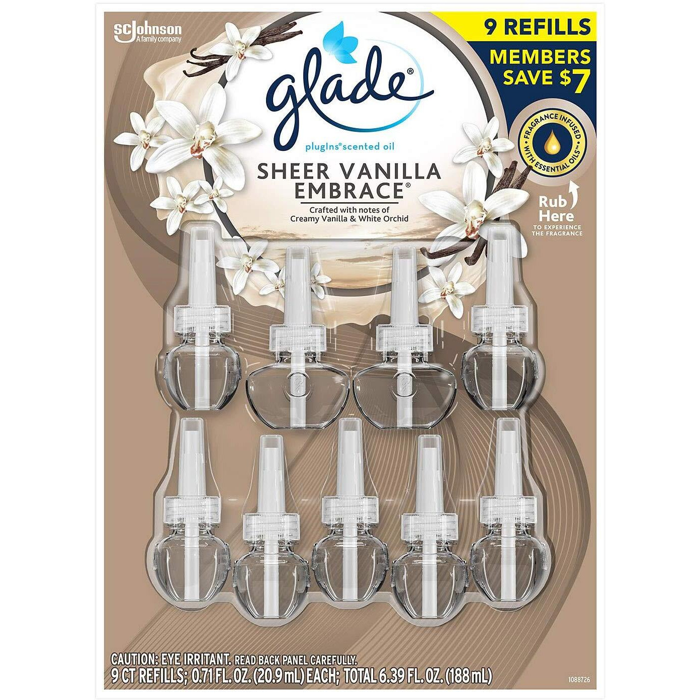 Glade Plugins Scented Oil Warmers Sheer Vanilla Embrace Essential Oil Infused Wall Plug In, 6.39 Ounce, 9 Refills