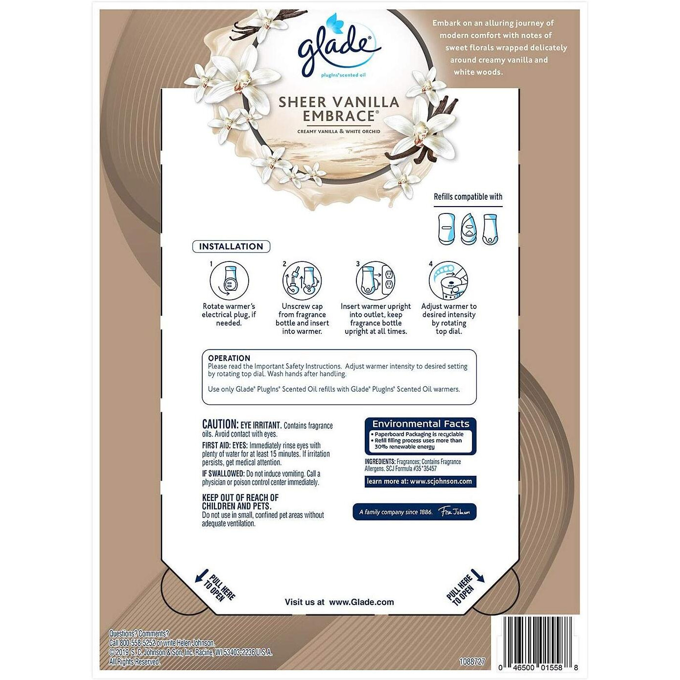 Glade Plugins Scented Oil Warmers Sheer Vanilla Embrace Essential Oil Infused Wall Plug In, 6.39 Ounce, 9 Refills