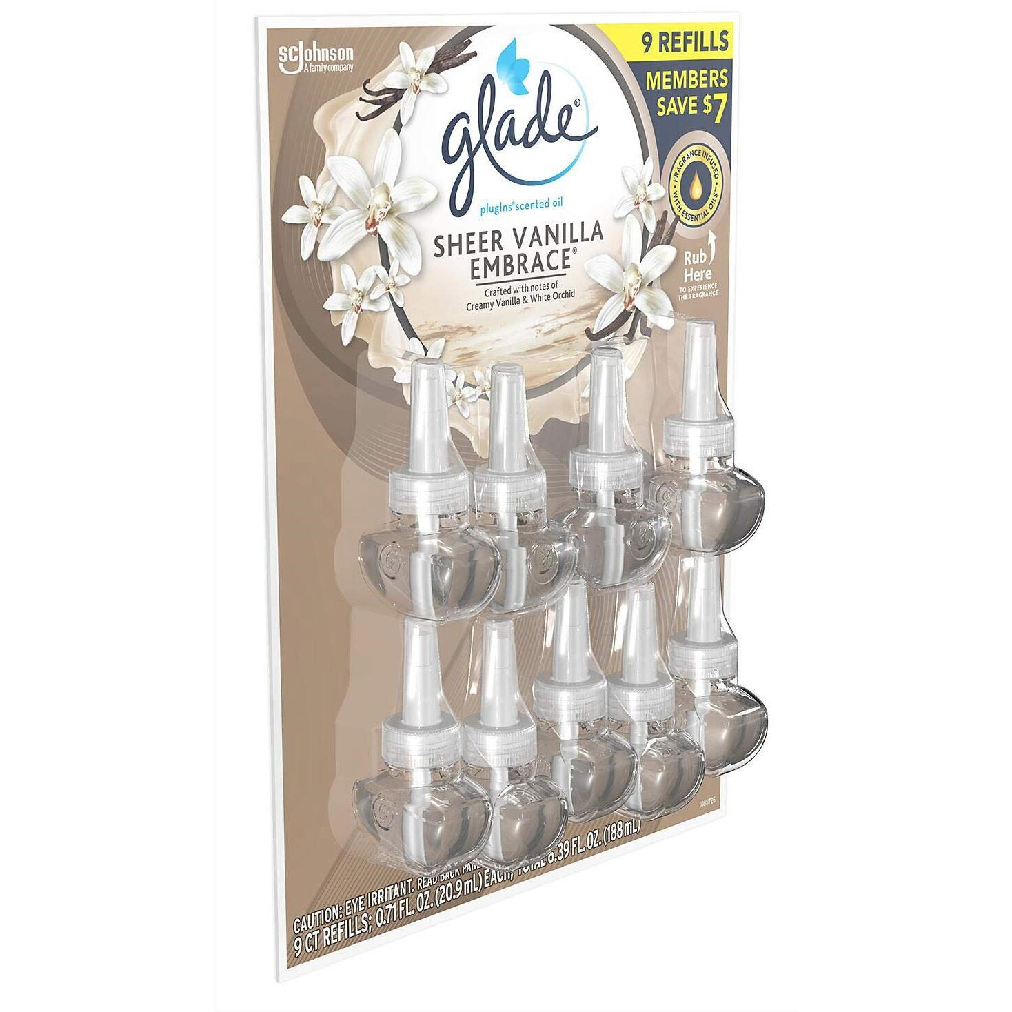 Glade Plugins Scented Oil Warmers Sheer Vanilla Embrace Essential Oil Infused Wall Plug In, 6.39 Ounce, 9 Refills