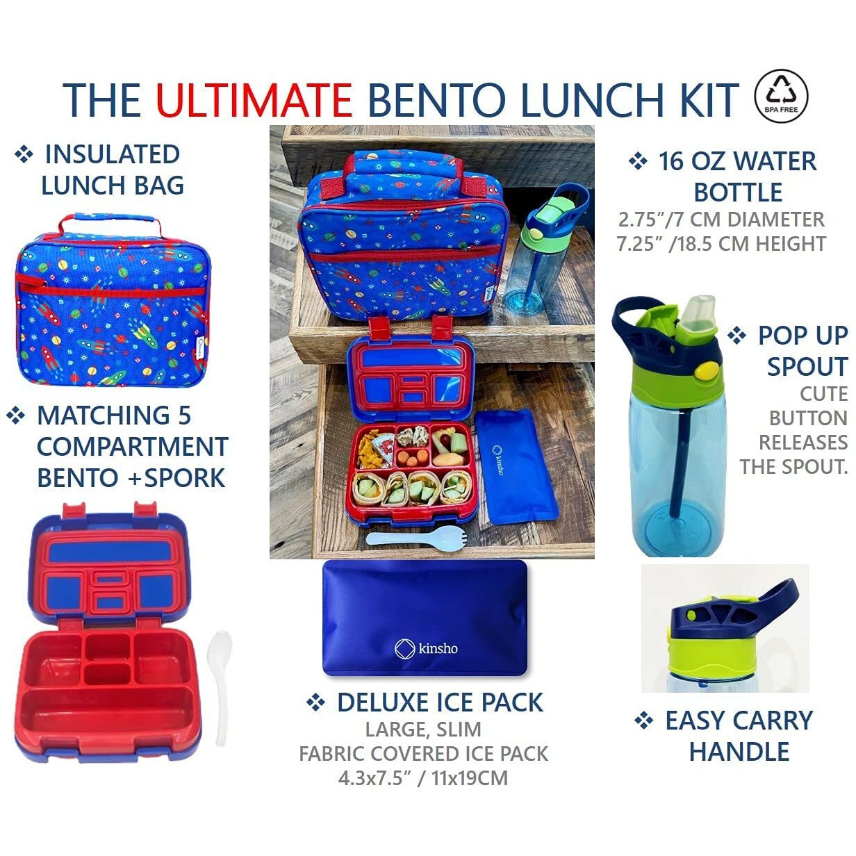 Kinsho Bento Lunch Box, Water Bottle, Ice Pack Set For Kids Toddlers, 5 Portion Sections, Removable Plastic Tray, Pre-School Kid Toddler Daycare Lunches, Snack Container, Blue Space Rocket