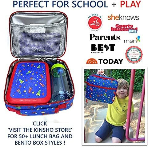 Kinsho Bento Lunch Box, Water Bottle, Ice Pack Set For Kids Toddlers, 5 Portion Sections, Removable Plastic Tray, Pre-School Kid Toddler Daycare Lunches, Snack Container, Blue Space Rocket