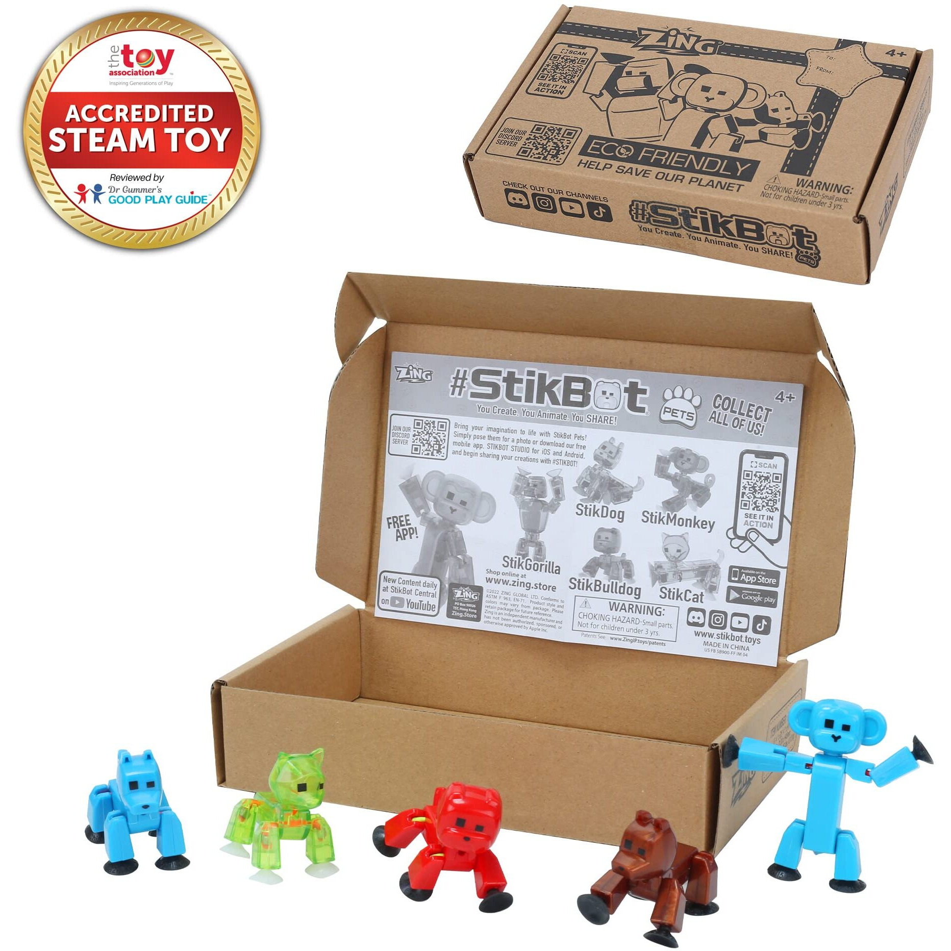 Zing Stikbot Pets 5 Pack, Set Of 5 Stikbot Collectable Action Figures, Includes 1 Bulldog, 1 Monkey, 1 Cat And 2 Dogs, Create Stop Motion Animation