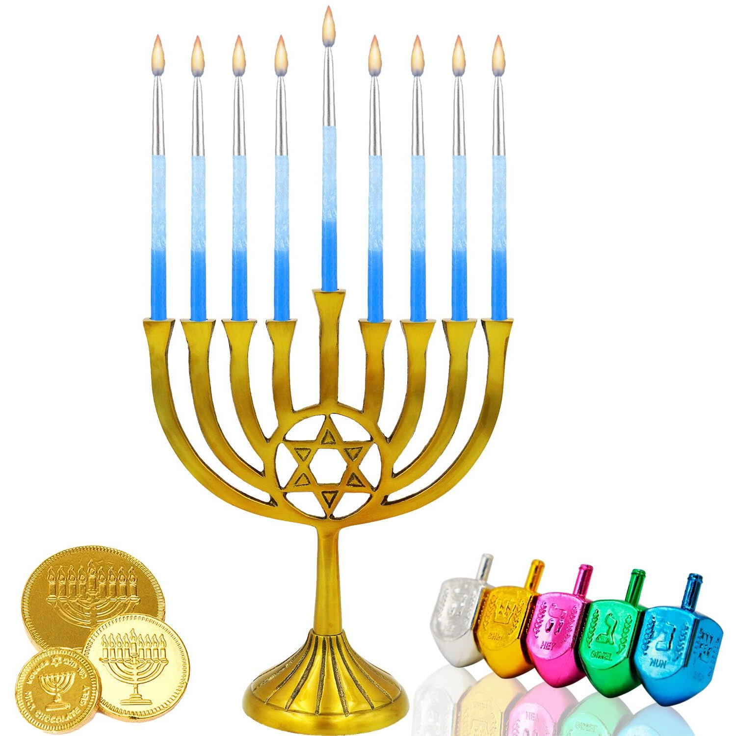 The Dreidel Company Metallic Hanukkah Frosted Premium Tapered Hand Decorated Chanuka Candles (Metallic Silver W/Blue Frost)