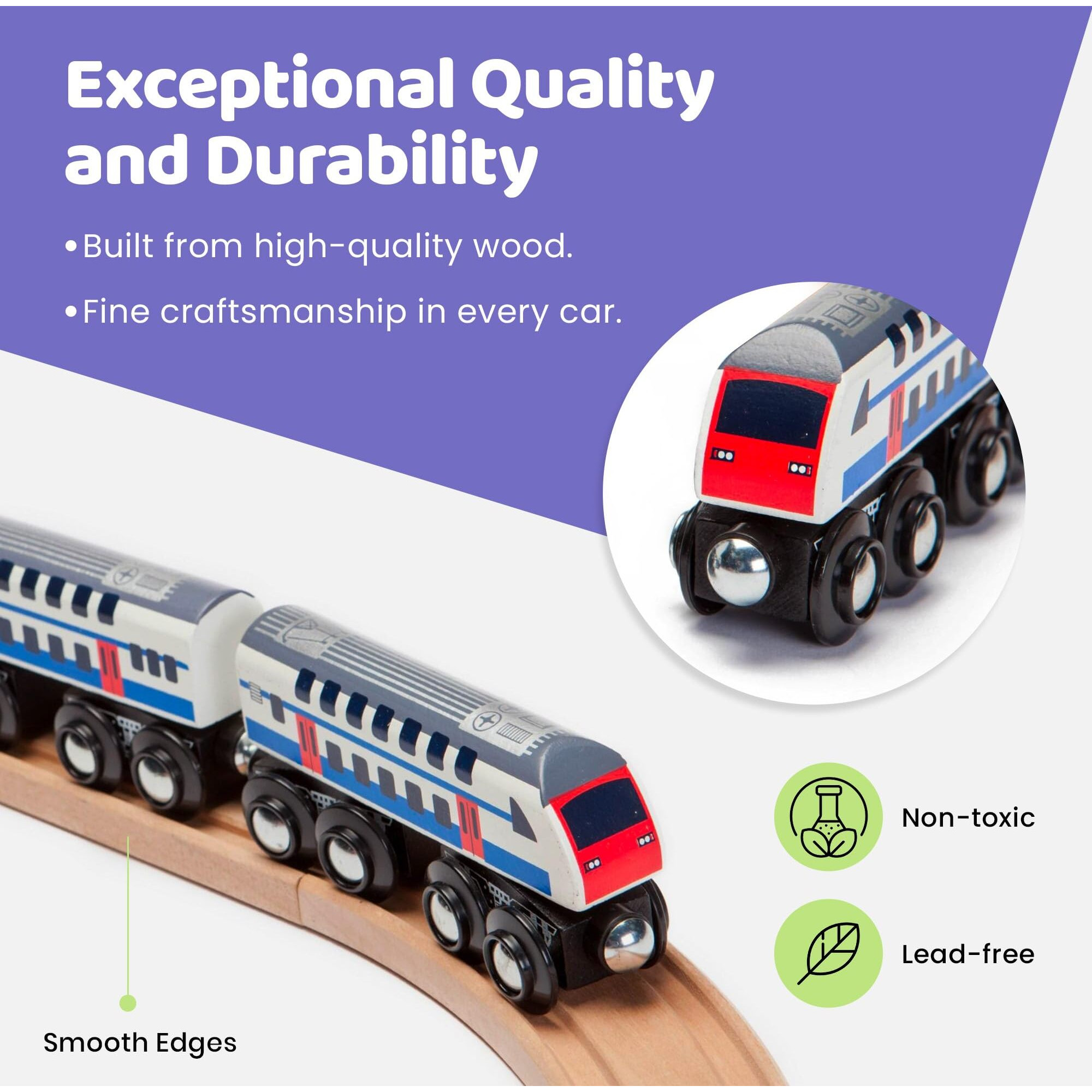 Maxim Enterprise, Inc. Double Decker Wooden Train Set Of 2 Engines & 1 Passenger Car, Multi-Level Commuter Transit Toy, Compatible With Thomas & Friends, Brio, Other Major Brand Railways