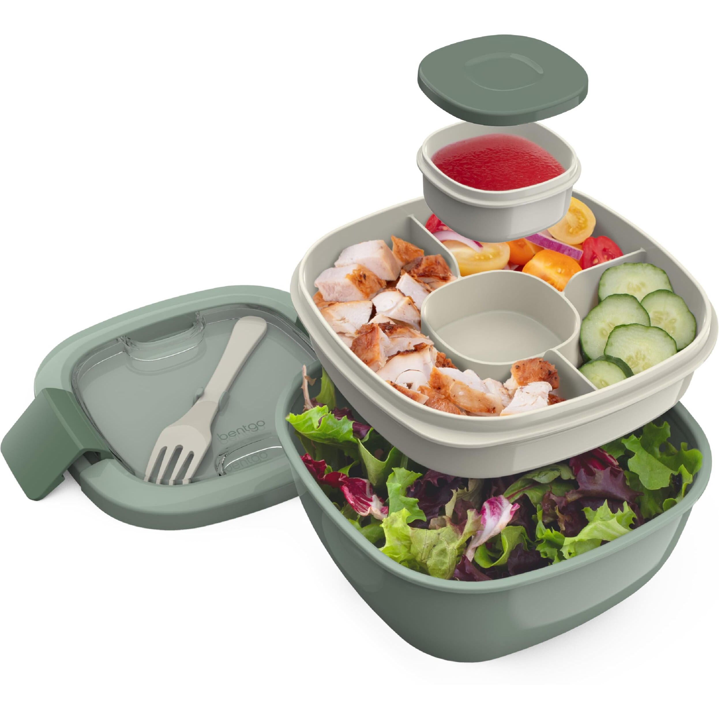 Bentgo All-In-One Salad Container - Large Salad Bowl, Bento Box Tray, Leak-Proof Sauce Container, Airtight Lid, & Fork For Healthy Adult Lunches Bpa-Free & Dishwasher/Microwave Safe (Khaki Green)