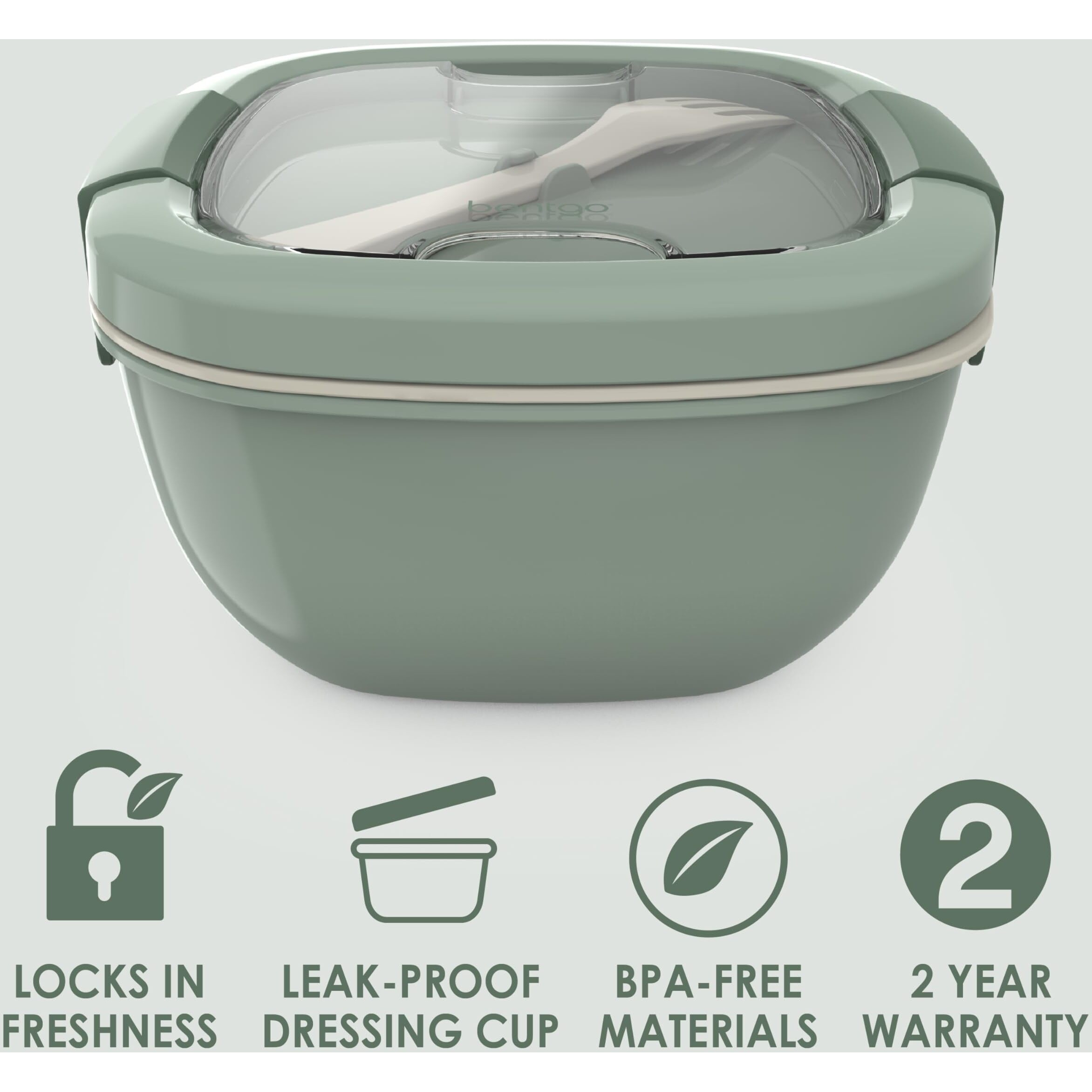 Bentgo All-In-One Salad Container - Large Salad Bowl, Bento Box Tray, Leak-Proof Sauce Container, Airtight Lid, & Fork For Healthy Adult Lunches Bpa-Free & Dishwasher/Microwave Safe (Khaki Green)