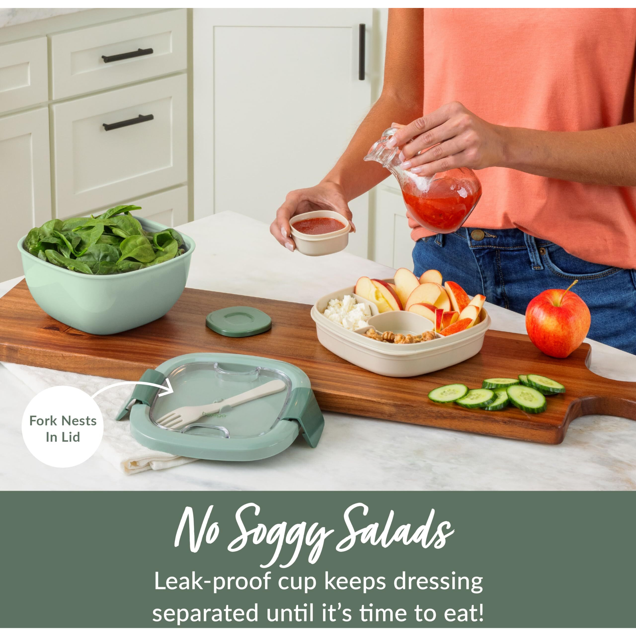 Bentgo All-In-One Salad Container - Large Salad Bowl, Bento Box Tray, Leak-Proof Sauce Container, Airtight Lid, & Fork For Healthy Adult Lunches Bpa-Free & Dishwasher/Microwave Safe (Khaki Green)