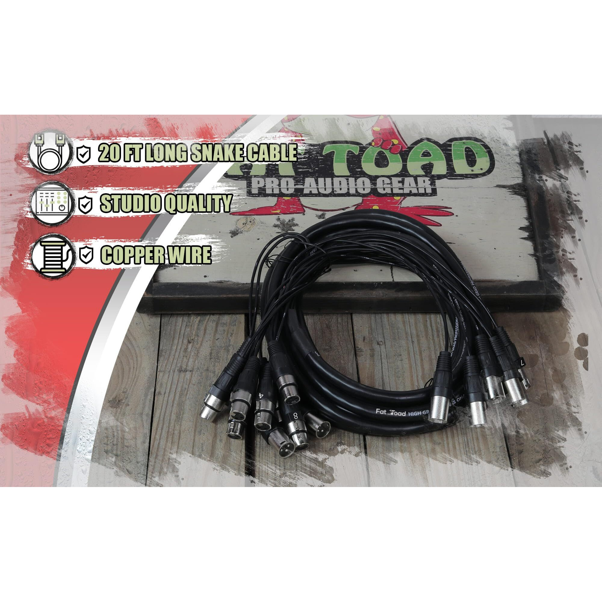 Fat Toad Xlr Snake Cable (8 Channels) 20 Ft Patch Studio, Stage, Live Sound Recording Multicore Cords | Pro Audio Shielded Female To Male Microphone Cables For Dj Digital Mixers Or Pa Amplifiers