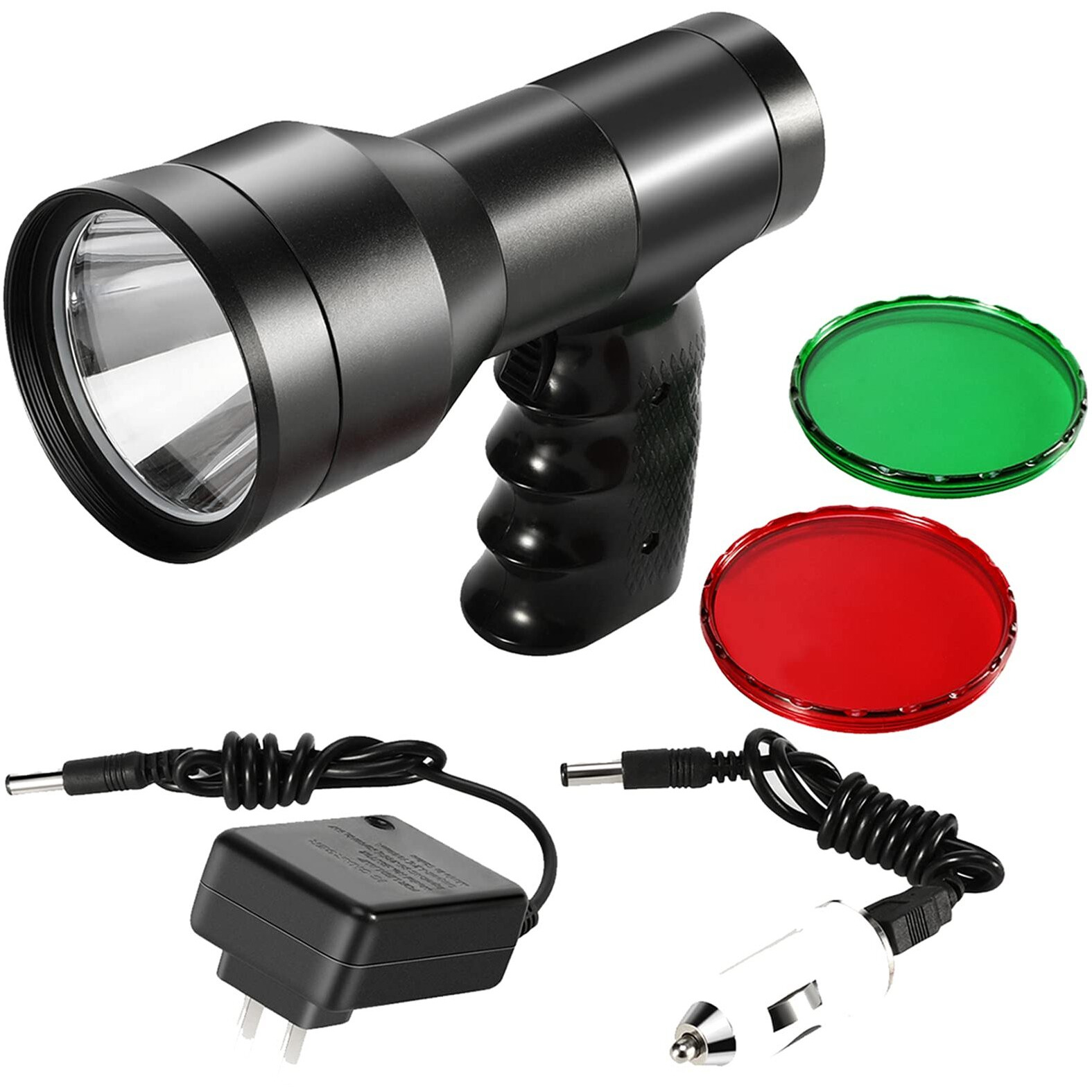 Gearoz Hunting Spotlight Flashlight, 90000Lux Rechargeable Spot Light Ip68 Waterproof Handheld Led Hunting Light With Red Green Filter For Hunting Coyotes Predators Coons Varmints Hogs Camping Hiking