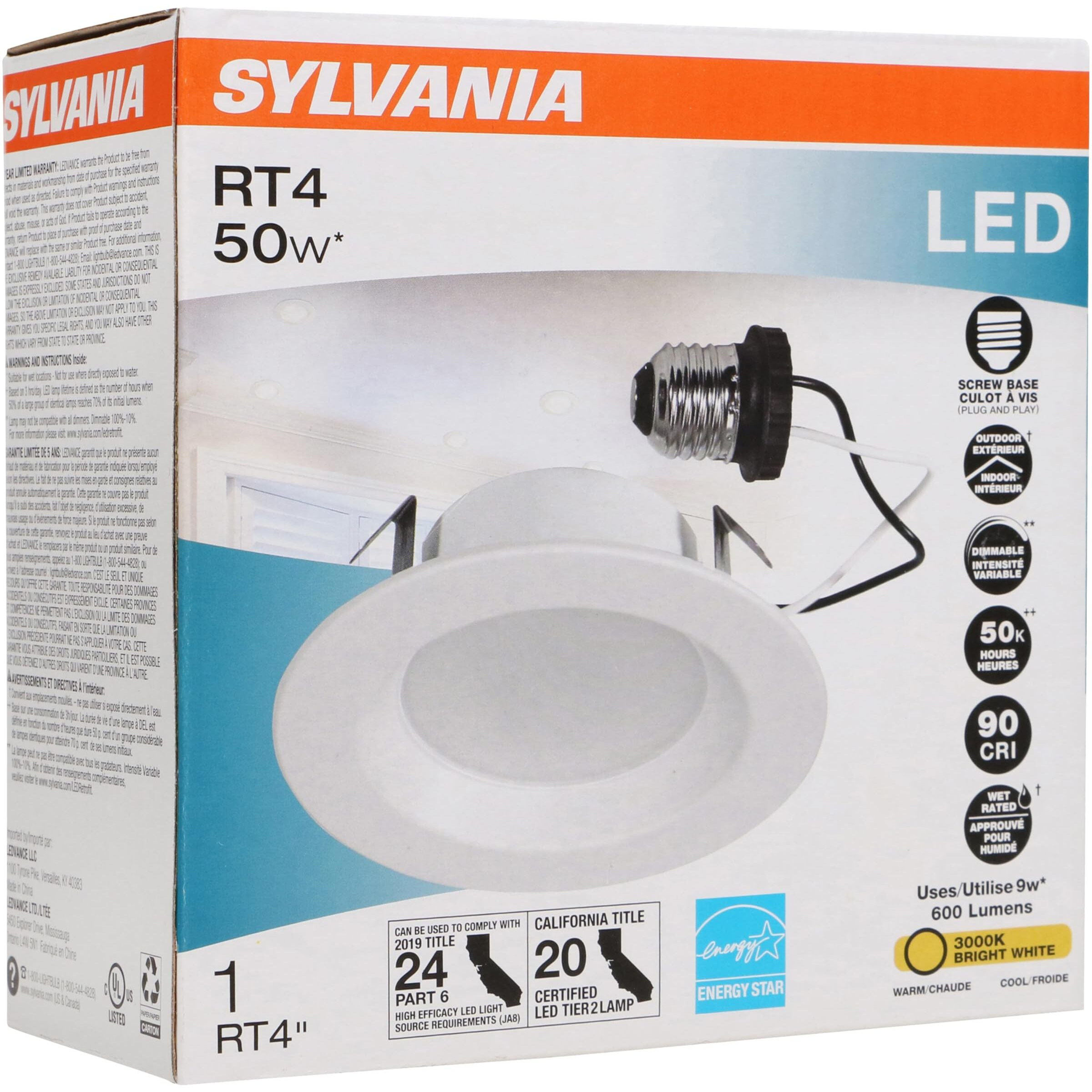 Sylvania 4" Led Rt4 Recessed Downlight Kit, 50W Replacement, Efficient 9W, E26 Medium Base, White, 1 Count (Pack Of 1)