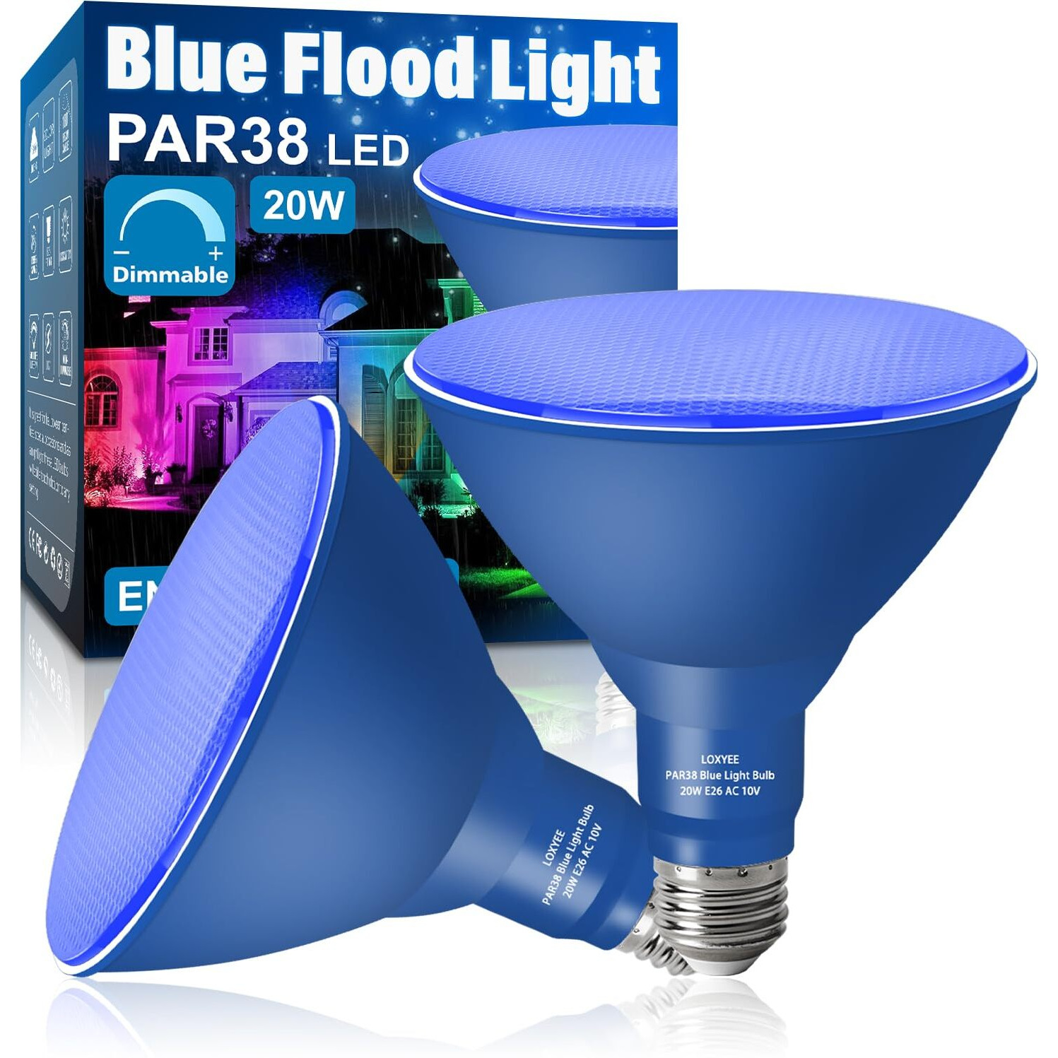 Loxyee Par38 Flood Blue Light Bulb,2 Pack-Dimmable,E26 Base Blue Flood Light Outoor(20W Replace To 200W),Blue Light Bulb Outdoor Porch,Colored Light,Spot Light,Halleween,Christmas Lighting