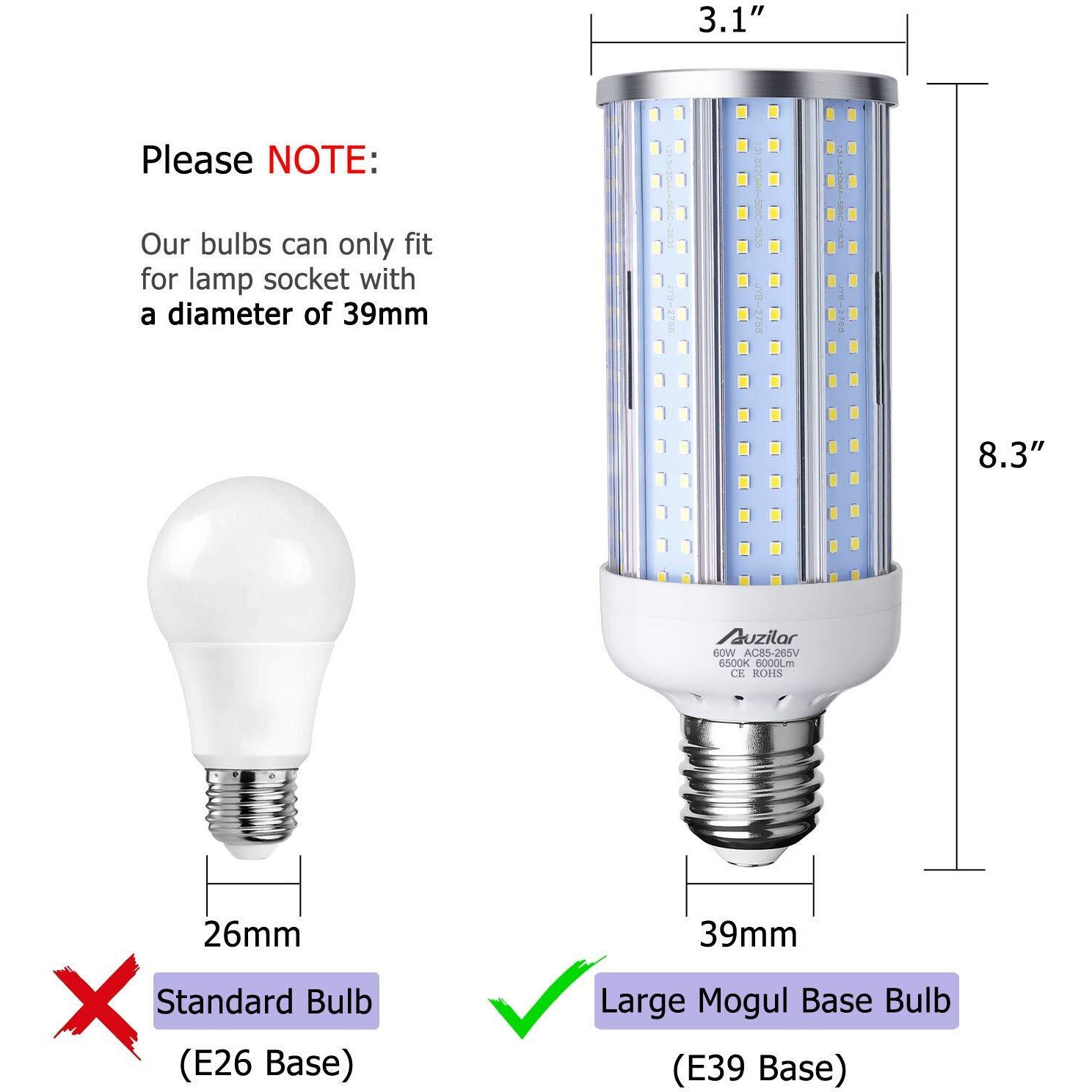 Auzilar 60W Led Corn Light Bulb (E39 Large Mogul Base) 6000Lm 6500K Cool White, For Metal Halide Hid Hps Replacement Garage Parking Lot High Bay Warehouse Street Lamp Lighting, 85V-265V