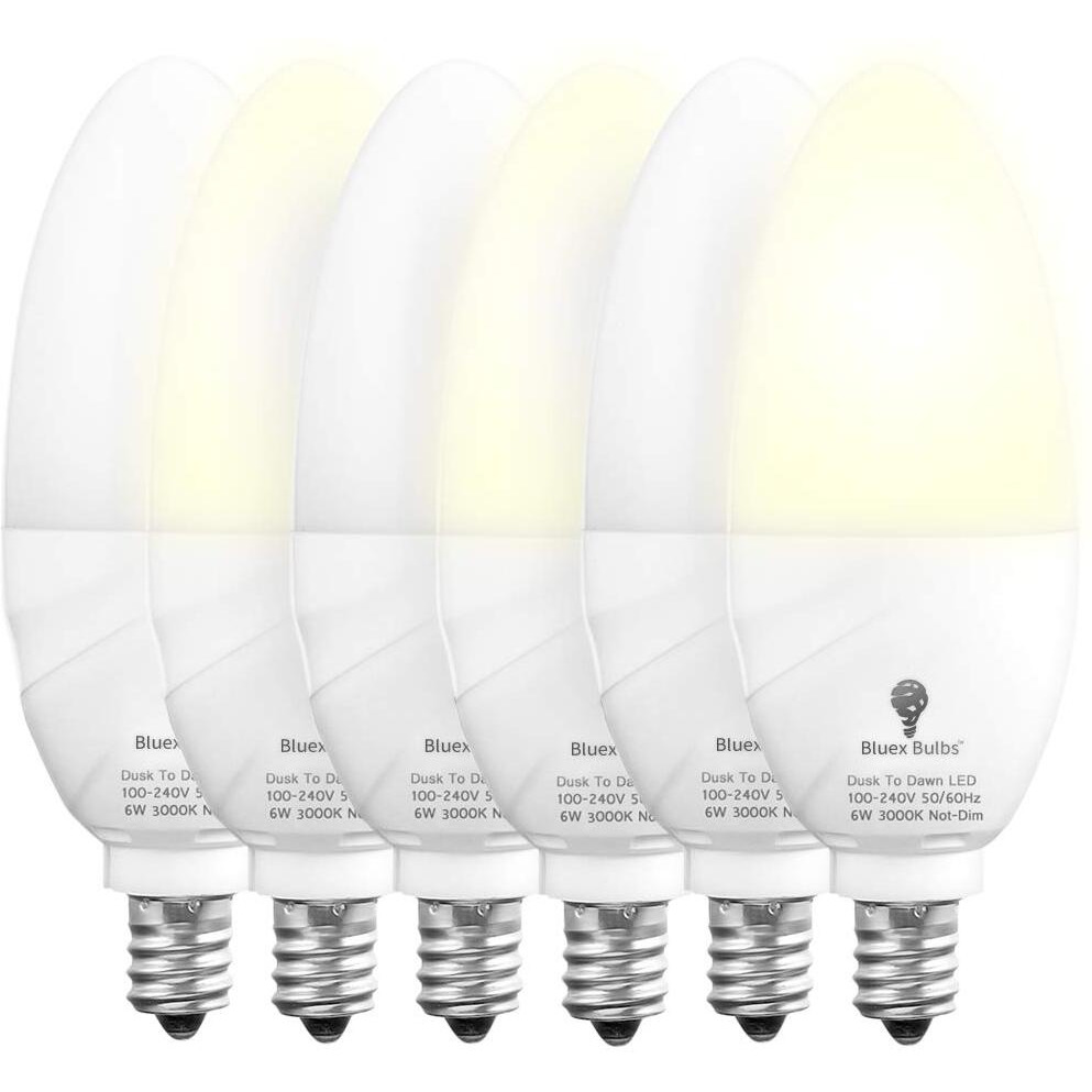 6 Pack Bluex Dusk To Dawn Led Bulbs, 6W E12 Base Light Bulb - 65W Equivalent - 3000K Warmlight White - Smart Light Sensor Candelabra Bulb, Home Security Indoor, Outdoor, Driveway, Yard, Porch Lighting