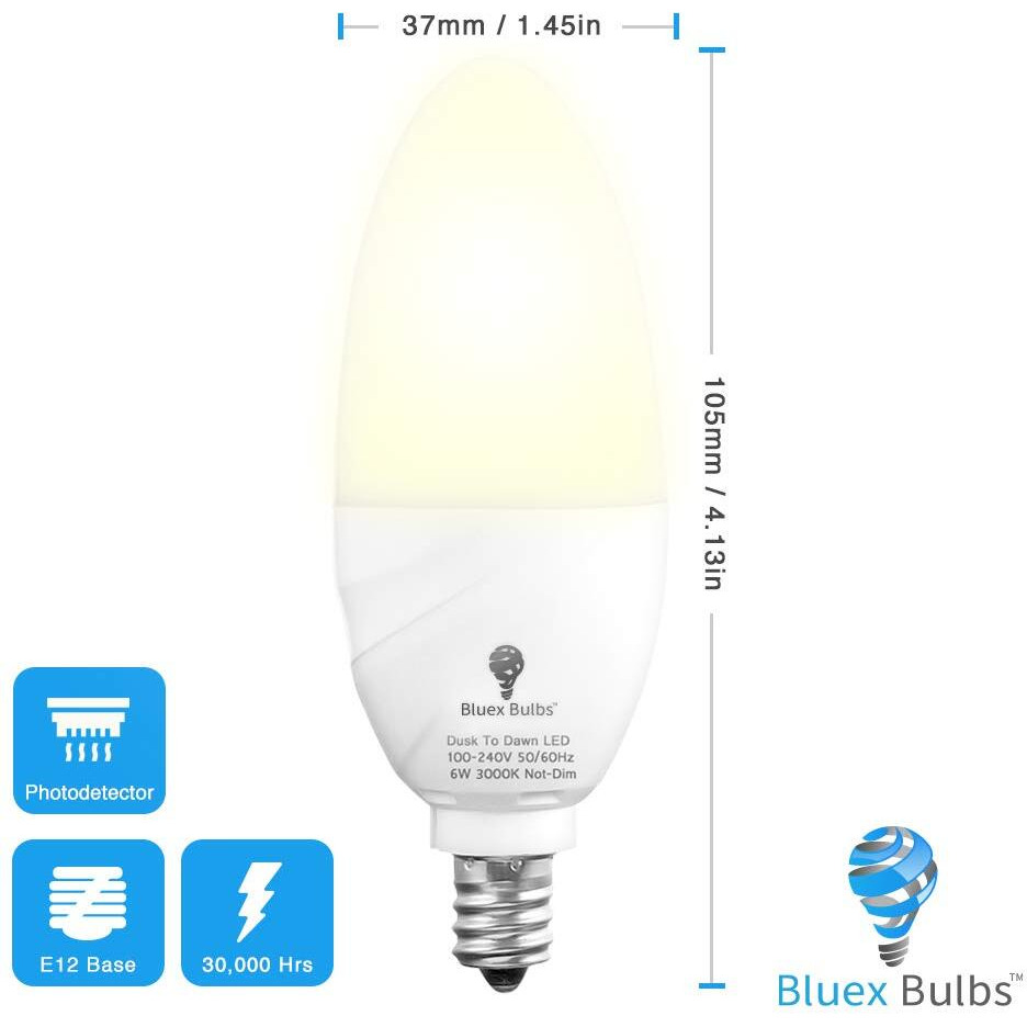 6 Pack Bluex Dusk To Dawn Led Bulbs, 6W E12 Base Light Bulb - 65W Equivalent - 3000K Warmlight White - Smart Light Sensor Candelabra Bulb, Home Security Indoor, Outdoor, Driveway, Yard, Porch Lighting