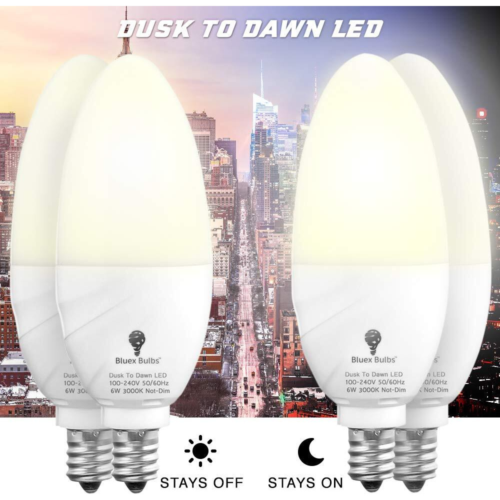 6 Pack Bluex Dusk To Dawn Led Bulbs, 6W E12 Base Light Bulb - 65W Equivalent - 3000K Warmlight White - Smart Light Sensor Candelabra Bulb, Home Security Indoor, Outdoor, Driveway, Yard, Porch Lighting