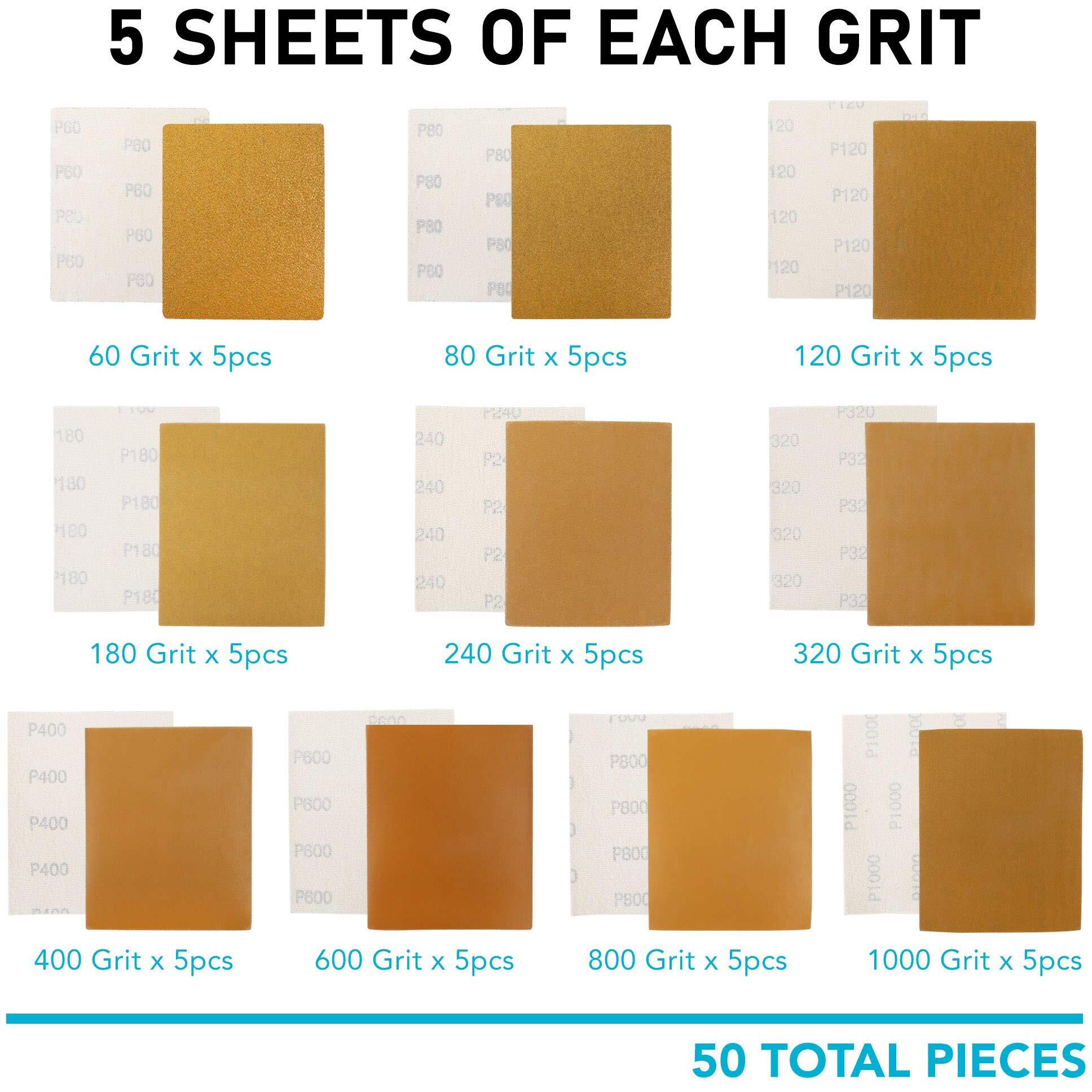 Lotfancy 1/4 Sheet Sandpaper For Palm Sander, 50Pcs 60 80 120 180 240 320 400 600 800 1000 Grit Sanding Sheets Assortment, Hook And Loop Sand Paper For Car And Wood, 5.5X 4.5