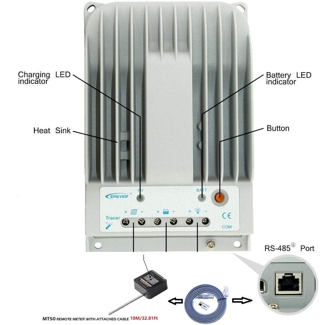 Epever Mt-50 Remote Meter Extension Cable 32.8' Fit For Mppt Solar Charge Controller