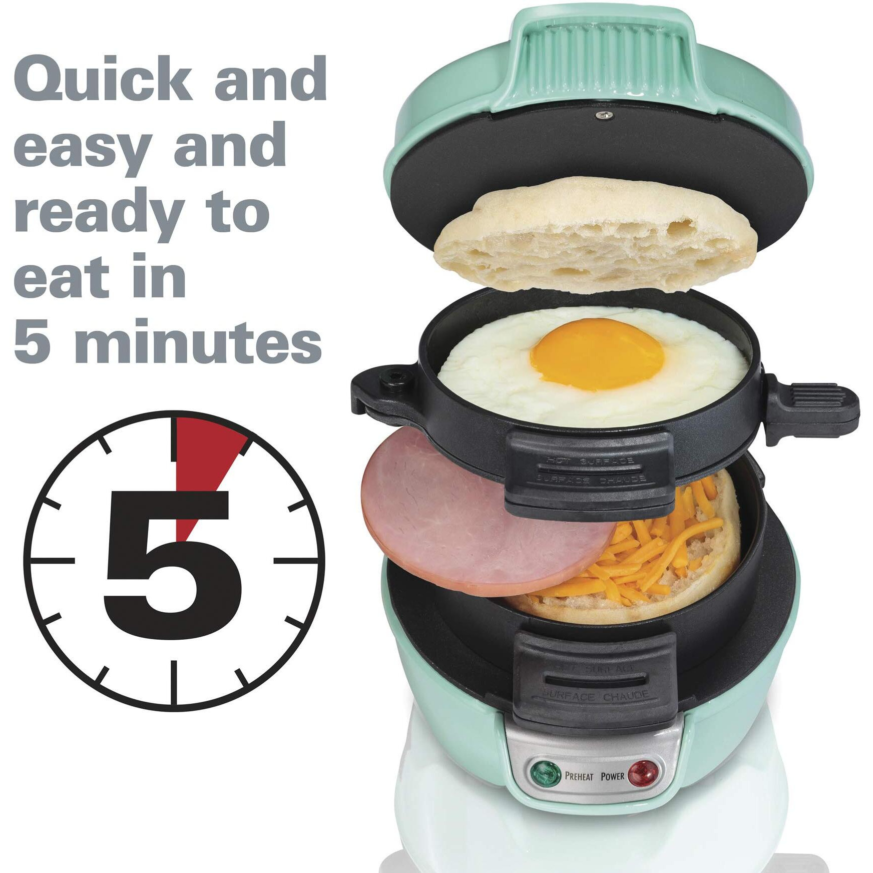 Hamilton Beach Breakfast Sandwich Maker With Egg Cooker Ring, Customize Ingredients, Perfect For English Muffins, Croissants, Mini Waffles, Perfect White Elephant Gifts, Mint (25482)