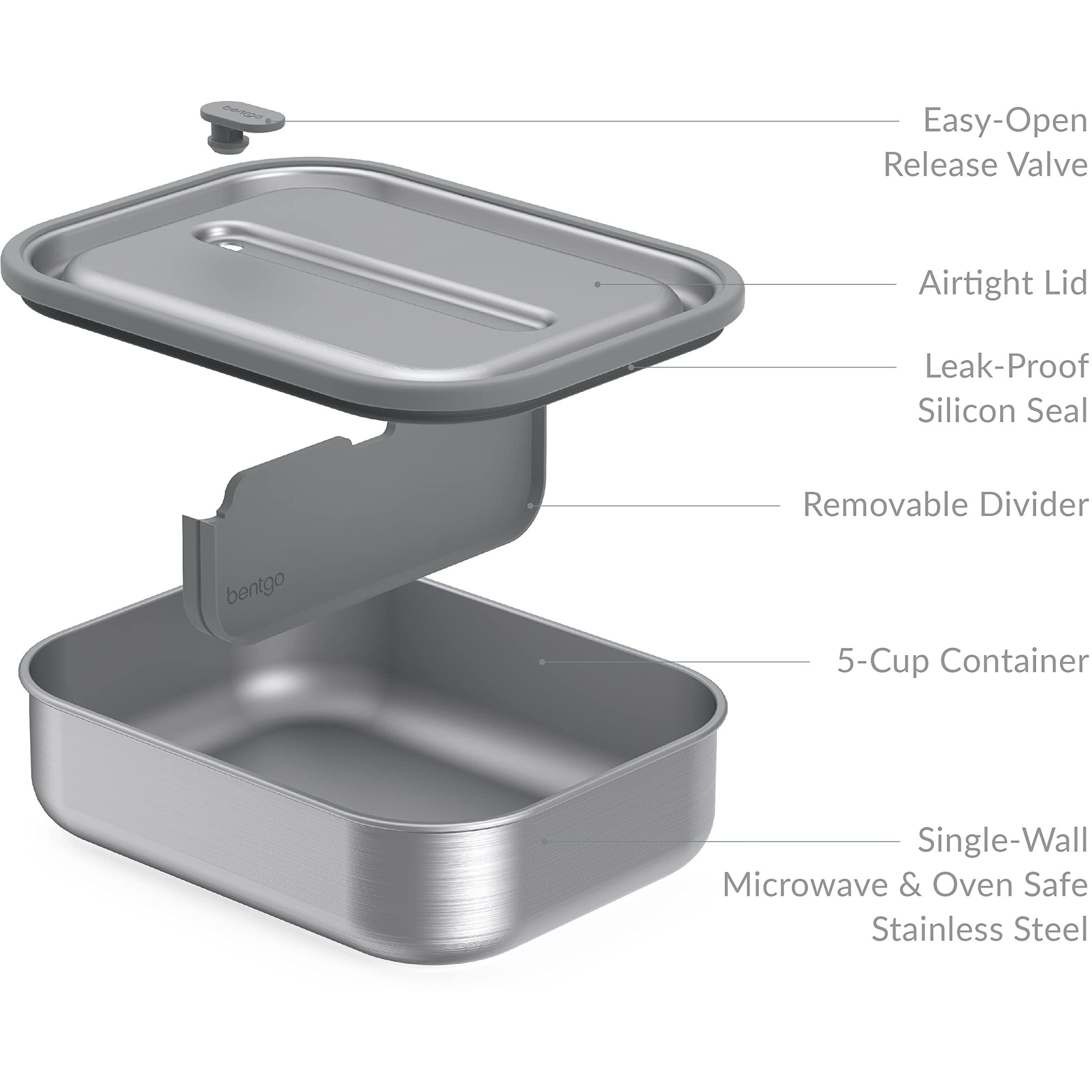Bentgo Microsteel Leak-Proof Lunch Box - Microwave-Safe, Oven-Safe, Bento-Style Container With Removable Divider, Airtight Lid, Sustainable Design, Odor & Stain Resistant (Stainless Steel)