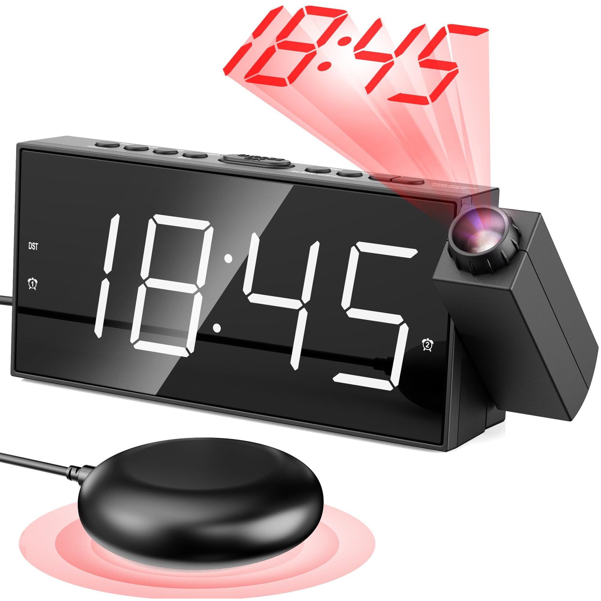 Projection Digital Alarm Clock With Bed Shaker For Bedroom, Extra Loud Alarm Clock For Heavy Sleeper, 350 Rotable Ceiling Projector Clock,2 Alarm,5 Dimmer Volume,Usb Charger, Battery Backup,12/24H