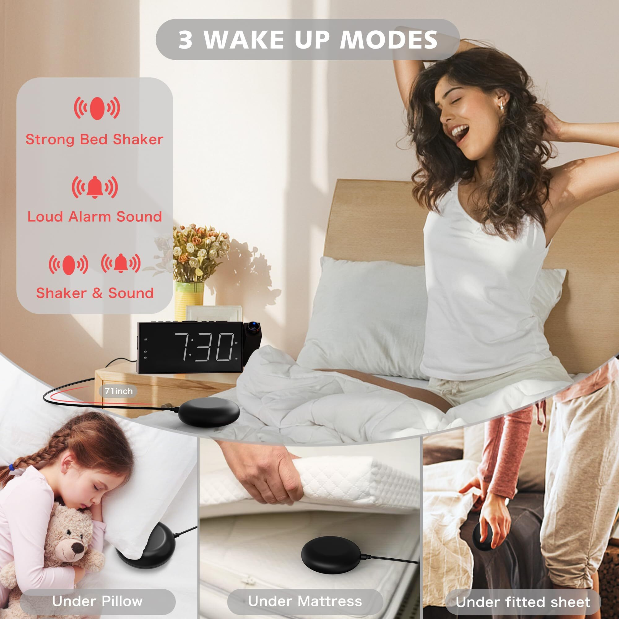 Projection Digital Alarm Clock With Bed Shaker For Bedroom, Extra Loud Alarm Clock For Heavy Sleeper, 350 Rotable Ceiling Projector Clock,2 Alarm,5 Dimmer Volume,Usb Charger, Battery Backup,12/24H
