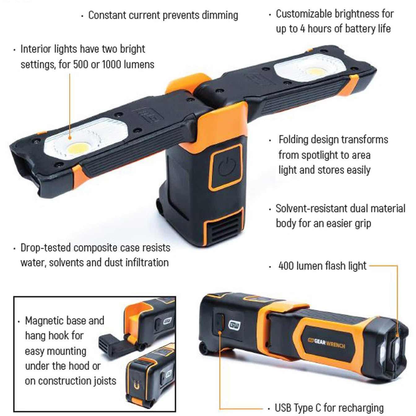 Gearwrench 1000 Lumen Rechargeable Wing Light - 83351, 2.875 In