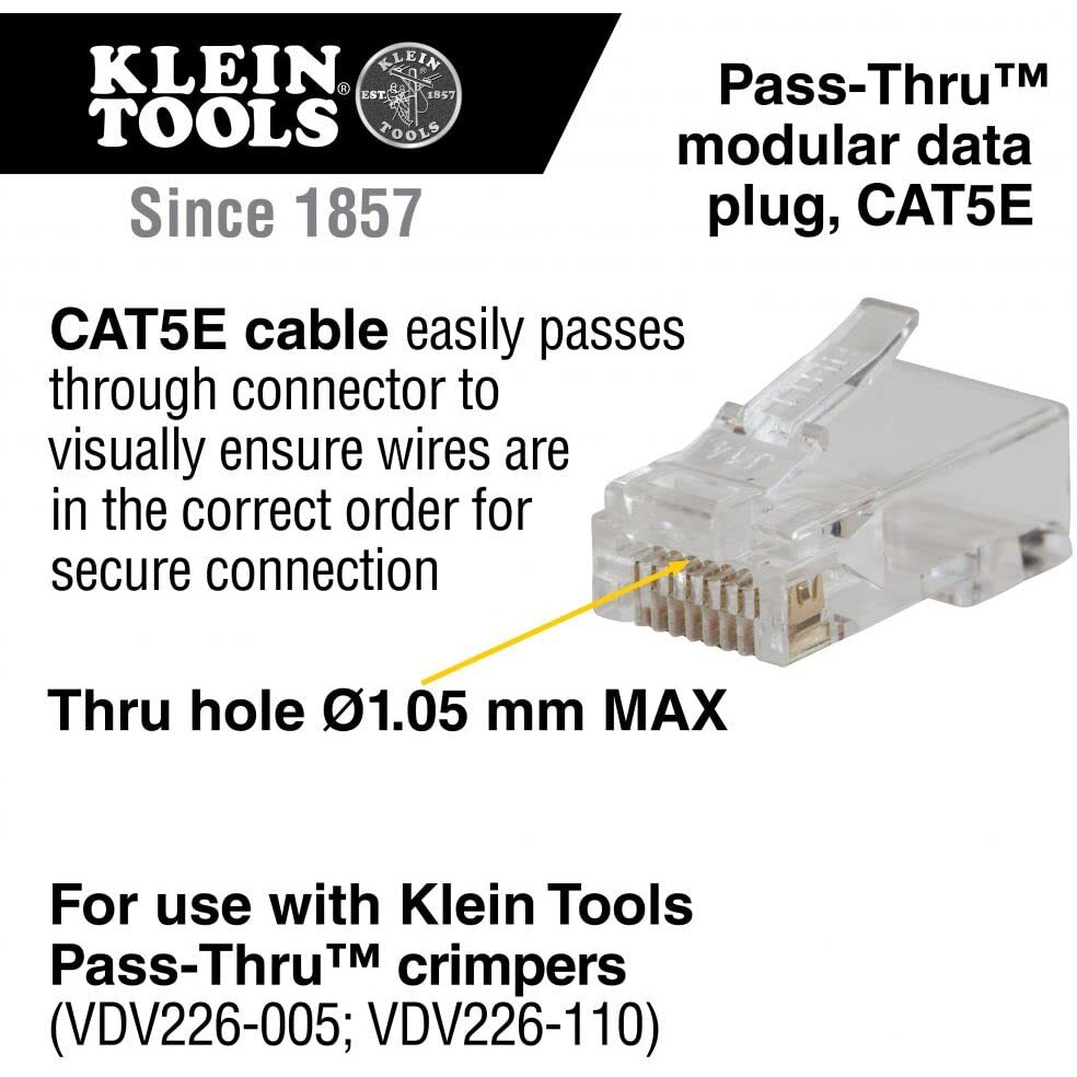 Klein Tools Vdv826-762 Pass-Thru Modular Data Plug, Rj45 Cat5E, Gold Plated, Pass Through Connectors 200-Pack
