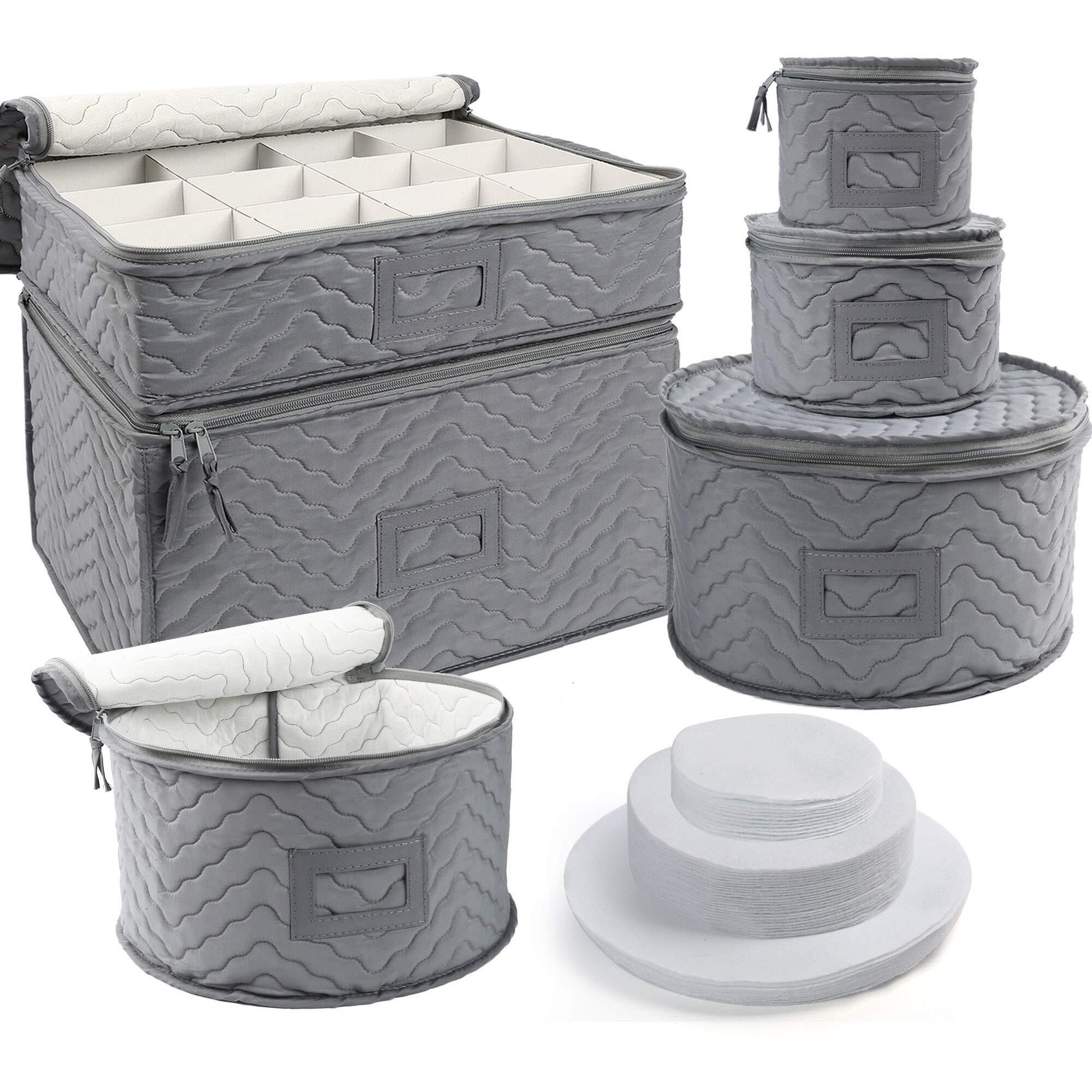Lotfancy China Storage Containers - Quilted 6-Piece Set Storage Box- Stores Chinaware, Stemware, Dinnerware, Dish Storage Service For 12, 48 Pcs Felt Protectors, Cardboard Dividers Included