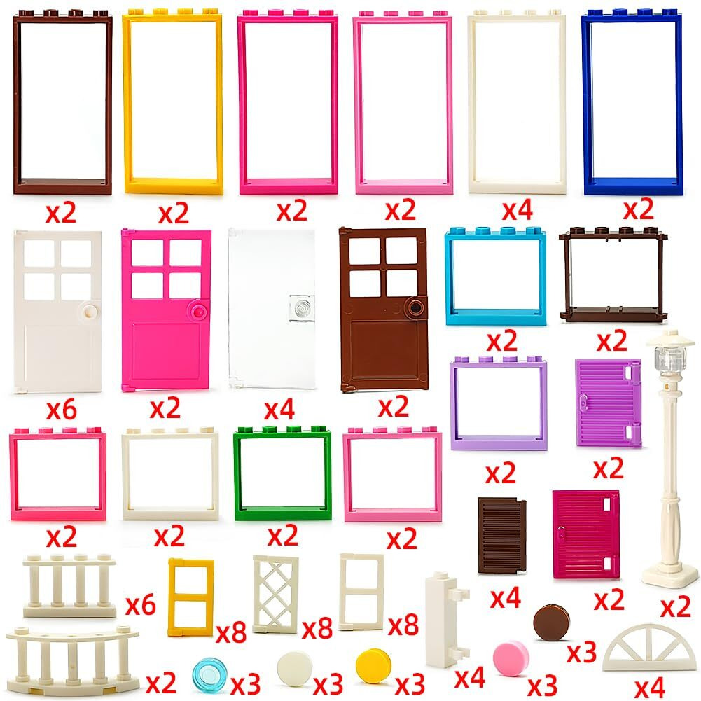 110 Pieces Doors,Windows,Fencesand Light For Moc Creative Building Blocktoys Set Street House Decoration Compatible With Classic Brick For Kids Age 6 8 10 12 Years