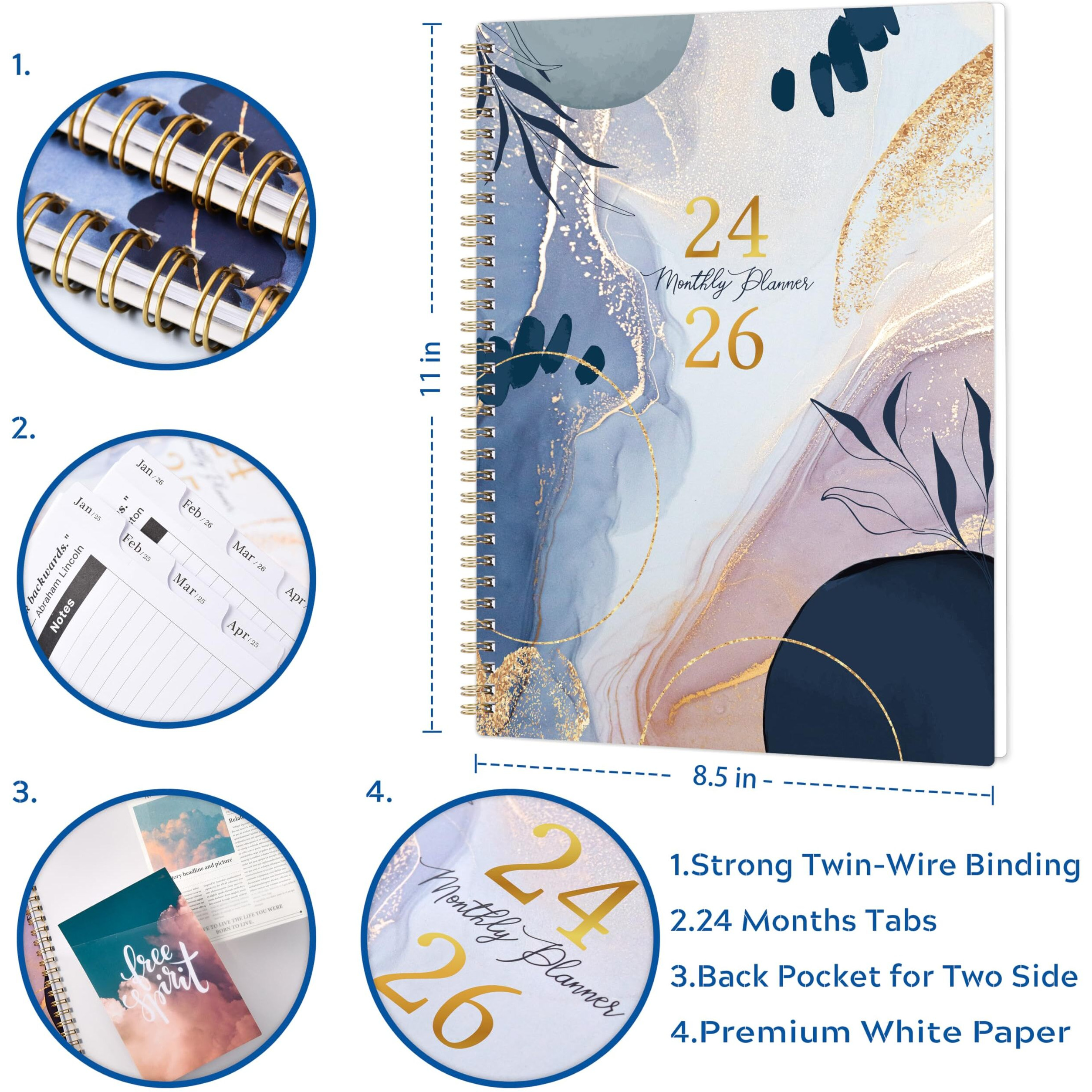 2024-2026 Monthly Planner/Calendar - Monthly Planner 2024-2026, Jul. 2024 - Jun. 2026, 8.5" X 11", 24-Month Planner With Pocket & Label, Thick Paper, Monthly Tabs, Twin-Wire Binding - Leaf Sand